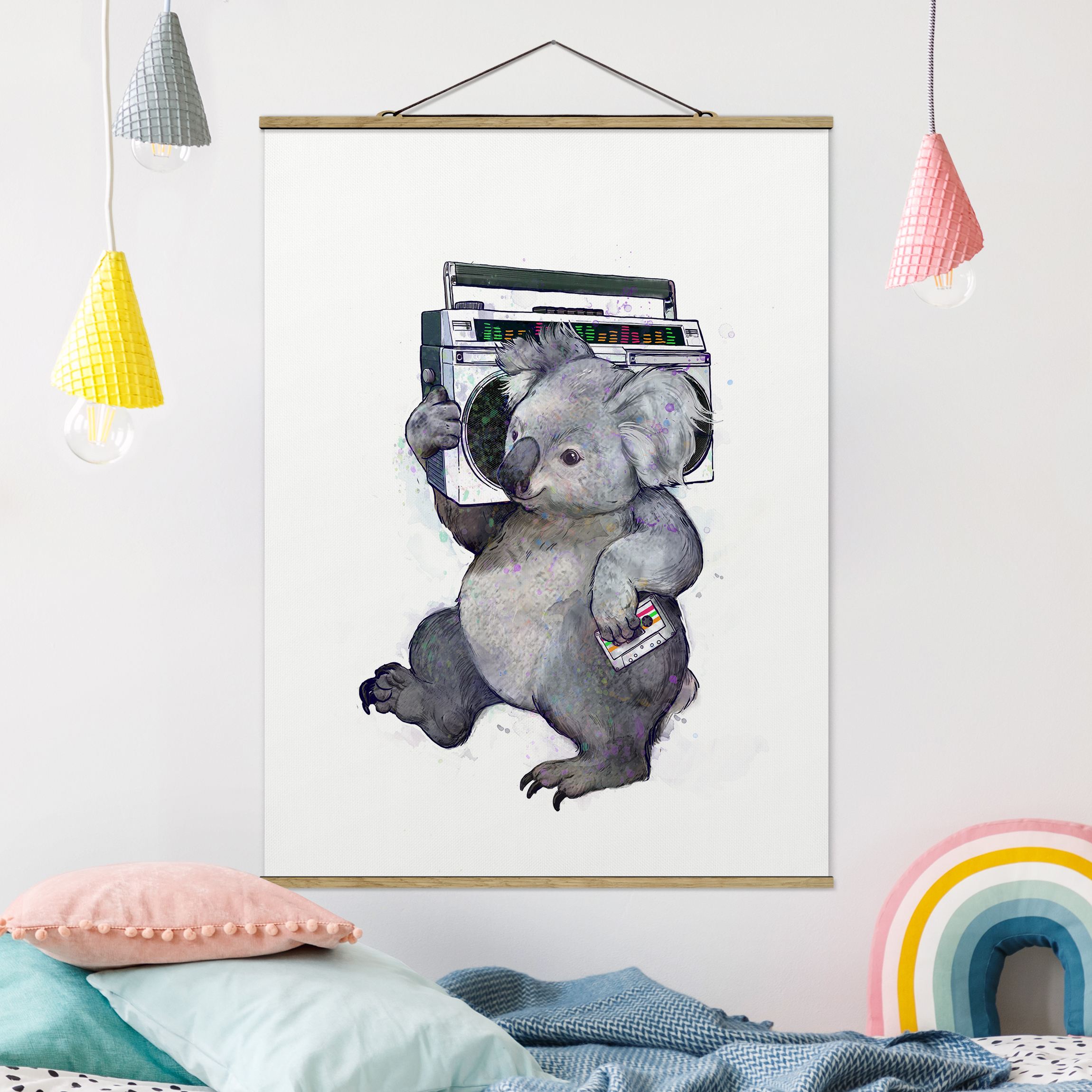 Stoffbild - Hochformat Illustration Koala mit Radio Malerei