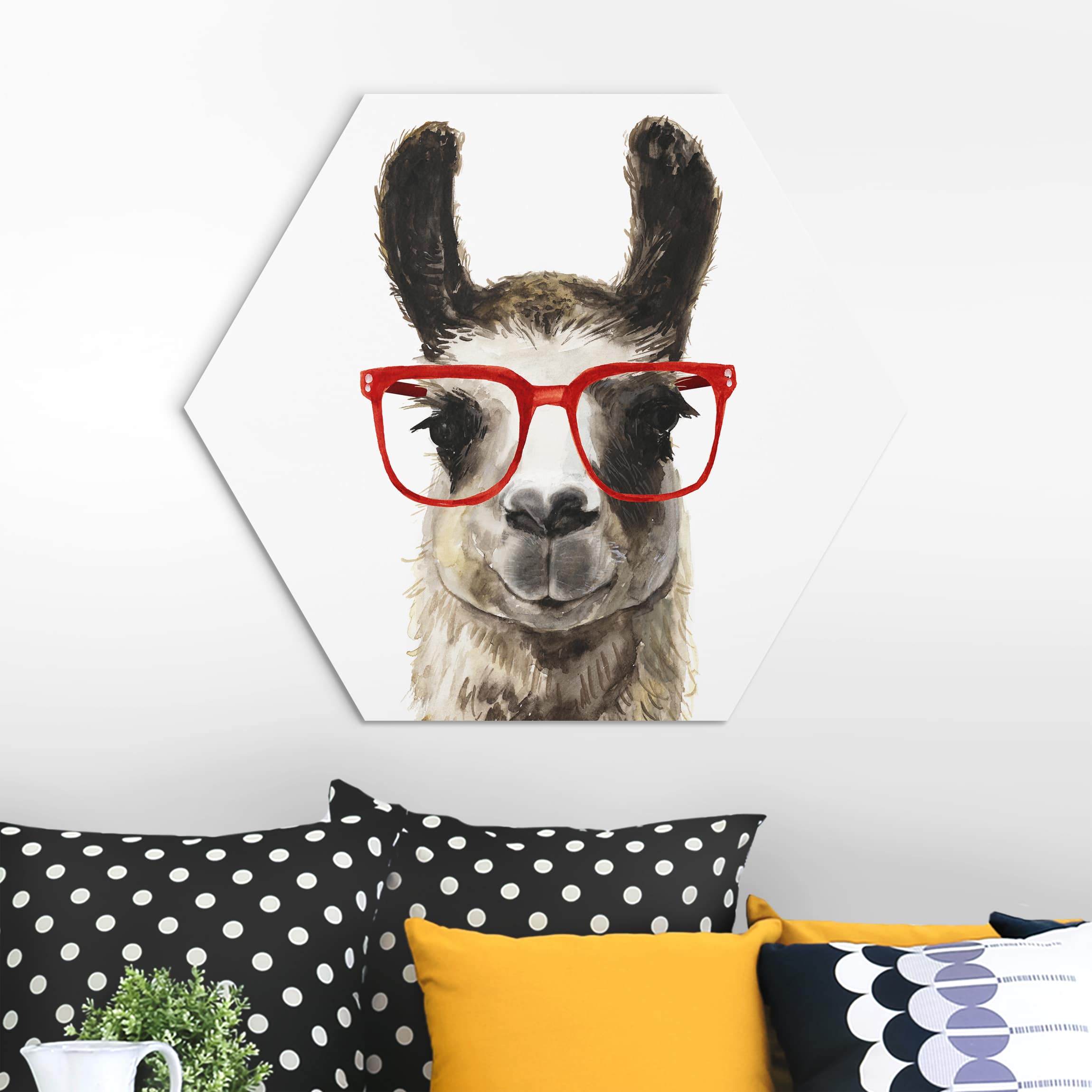 Hexagon-Alu-Dibond Bild Hippes Lama mit Brille II