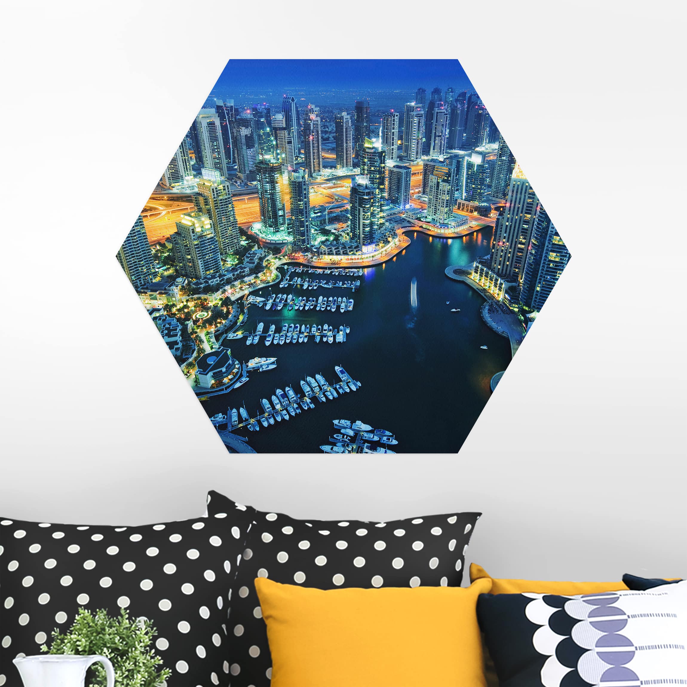 Hexagon-Alu-Dibond Bild Nächtliche Dubai Marina