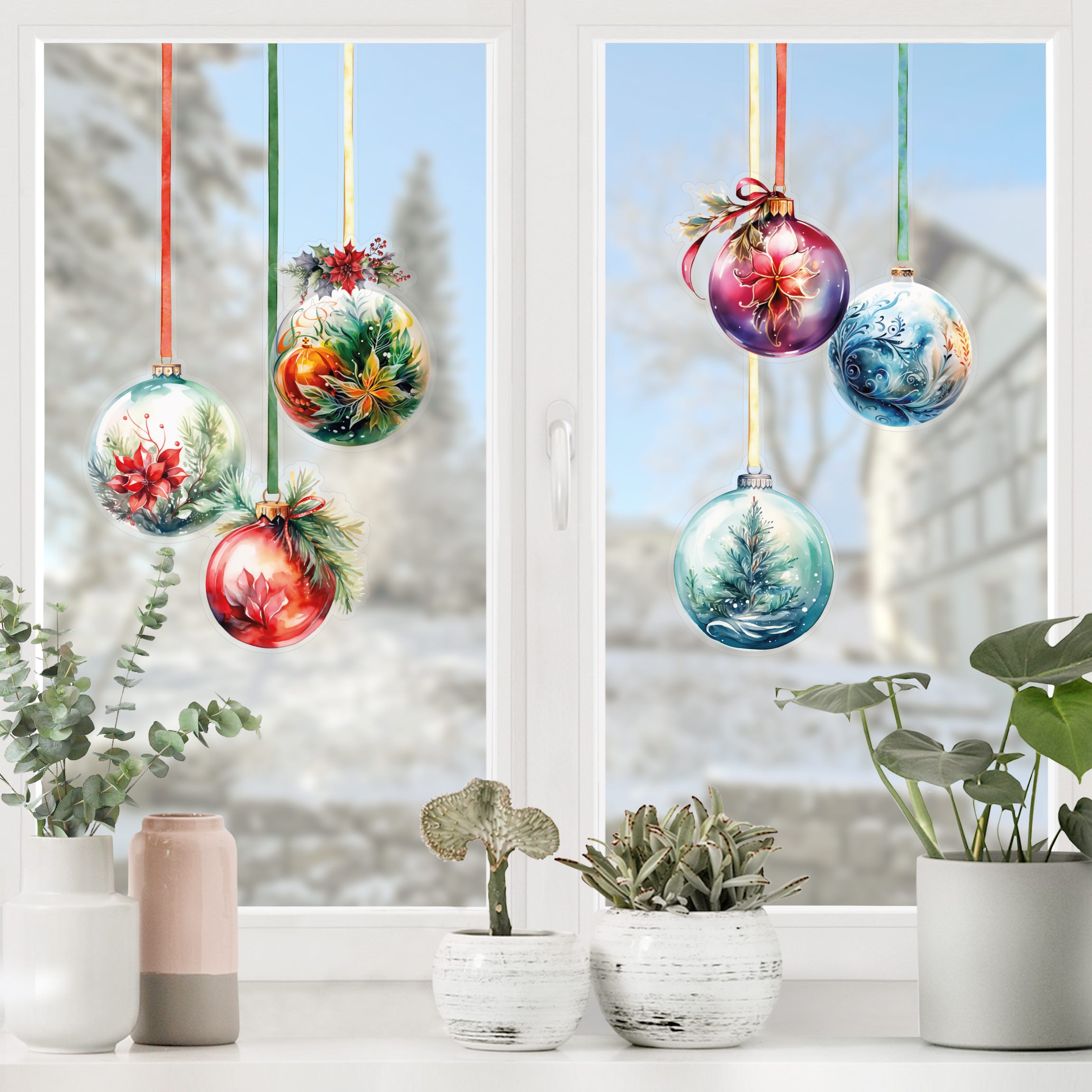 Fensteraufkleber 6 Florale Weihnachtskugeln