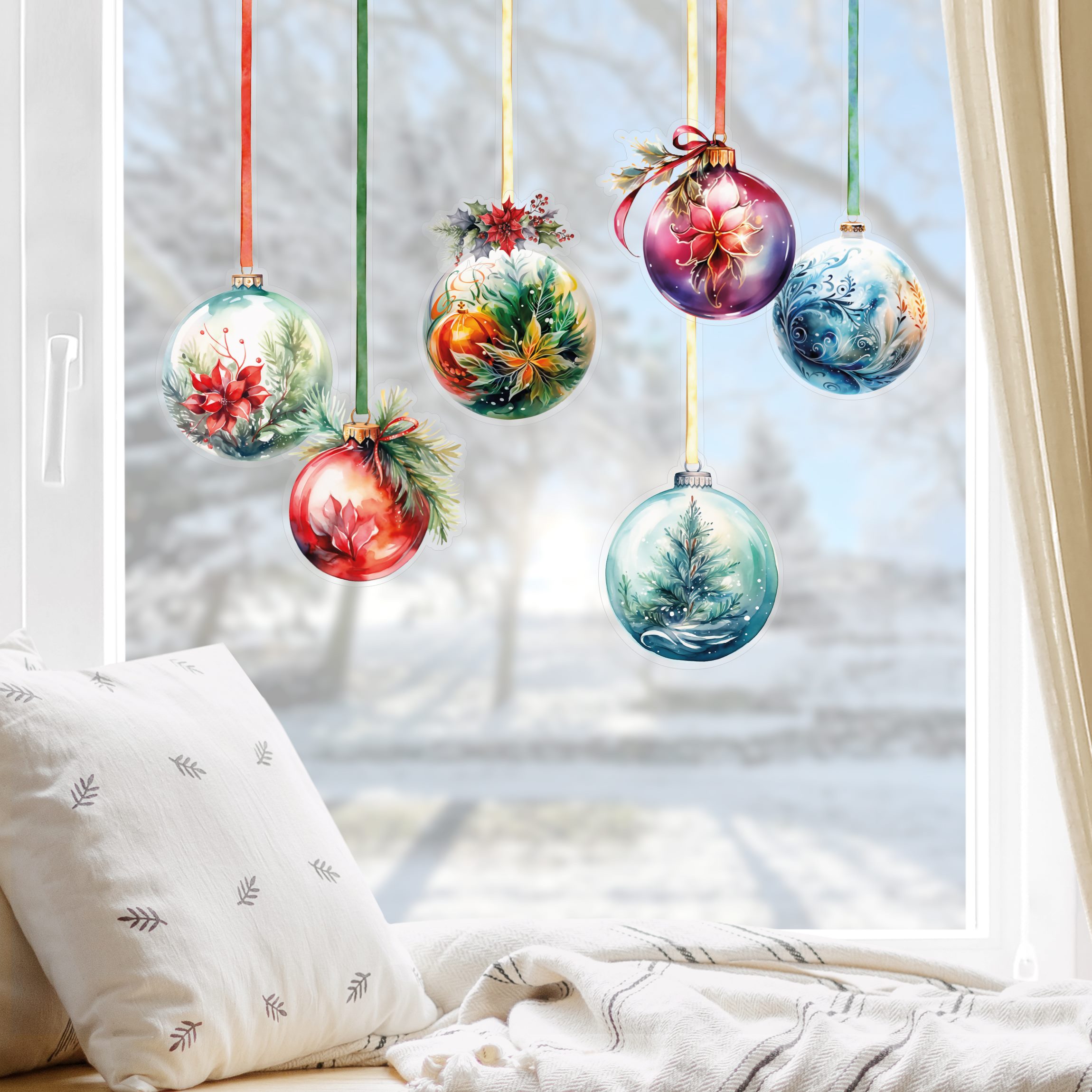 Fensteraufkleber 6 Florale Weihnachtskugeln