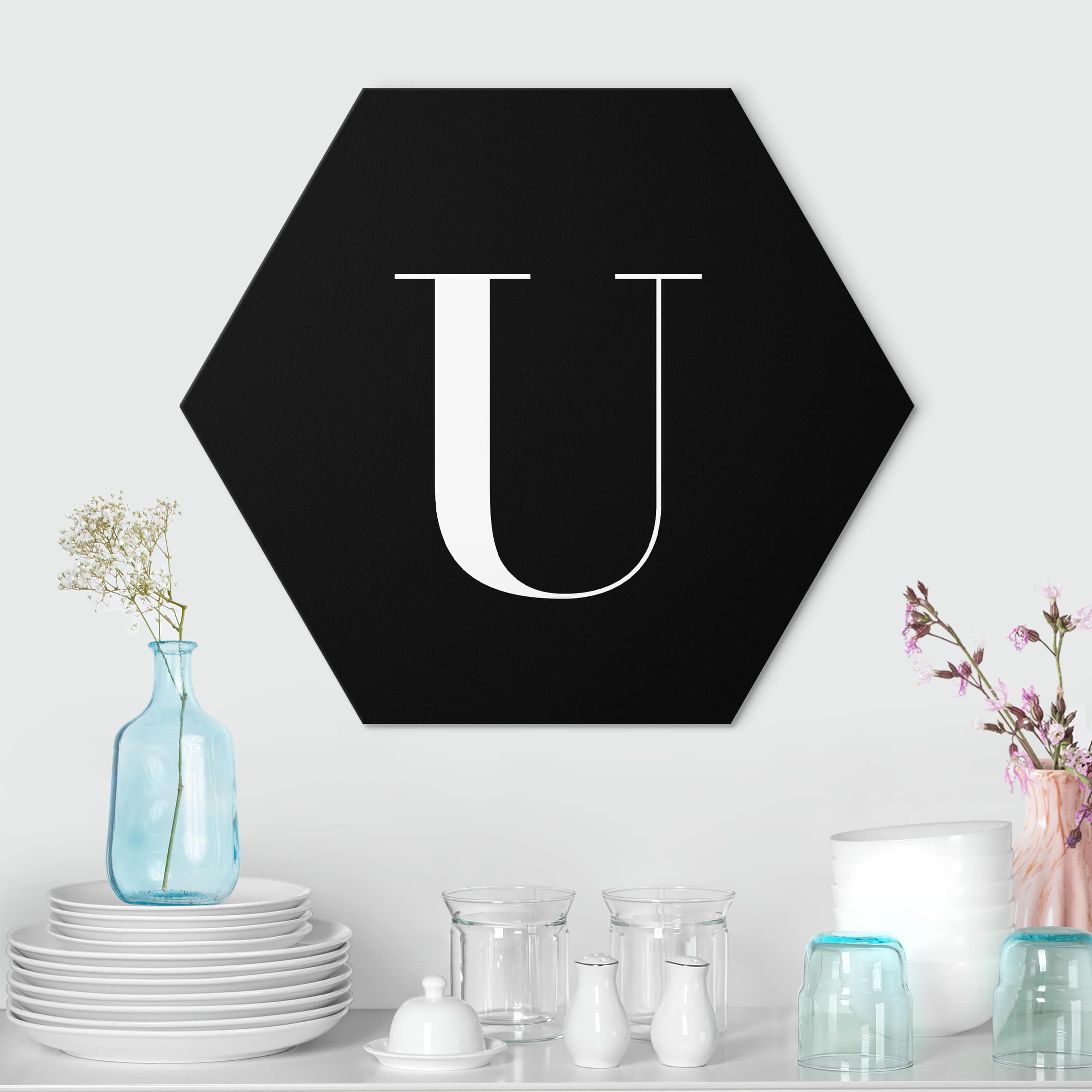 Hexagon-Alu-Dibond Bild Buchstabe Serif Schwarz U