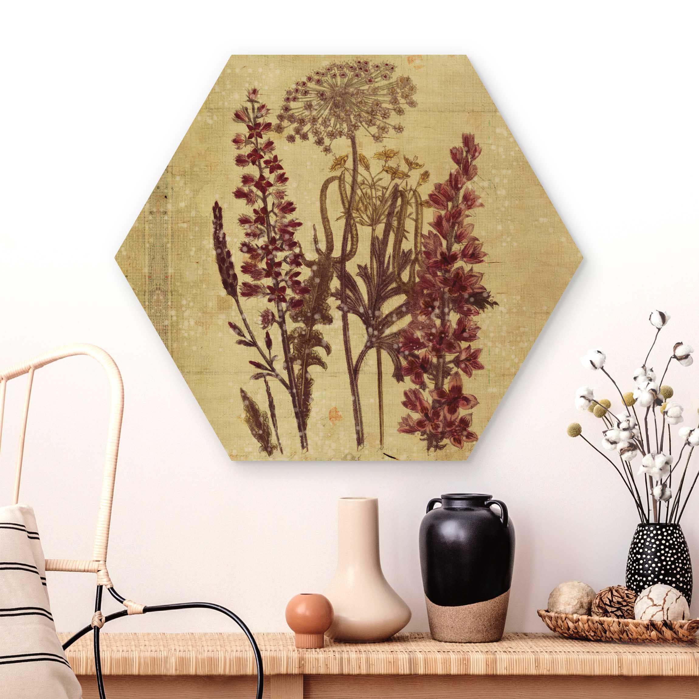 Hexagon-Holzbild Vintage Leinenoptik Blumen