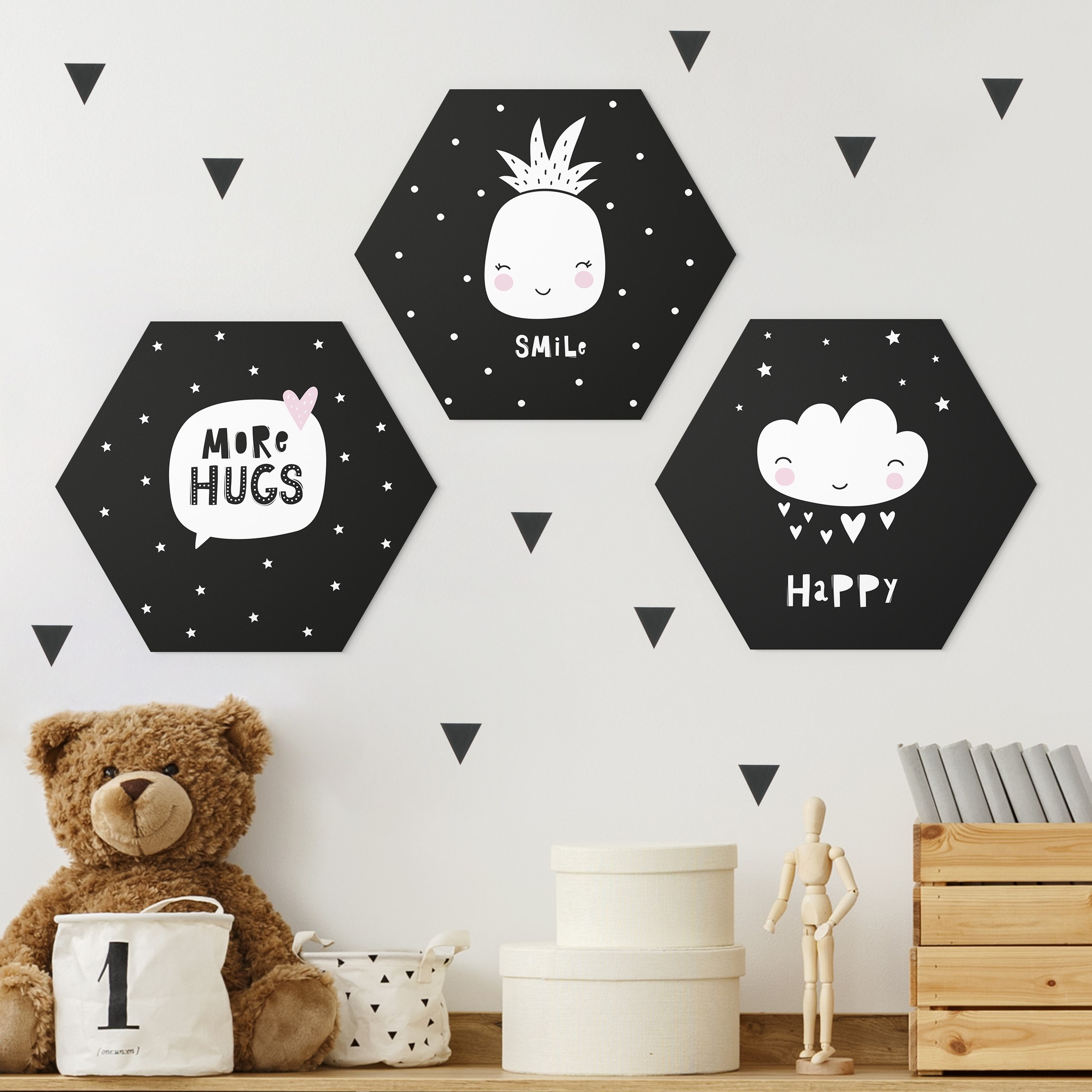 3-teiliges Hexagon-Alu-Dibond Bild Happy Smile Hugs