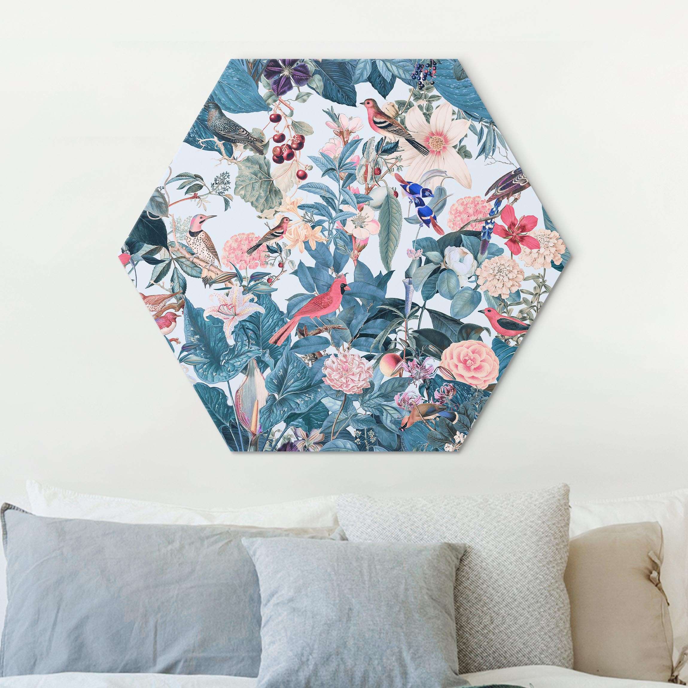 Hexagon-Alu-Dibond Bild Vintage Collage - Vogelgarten