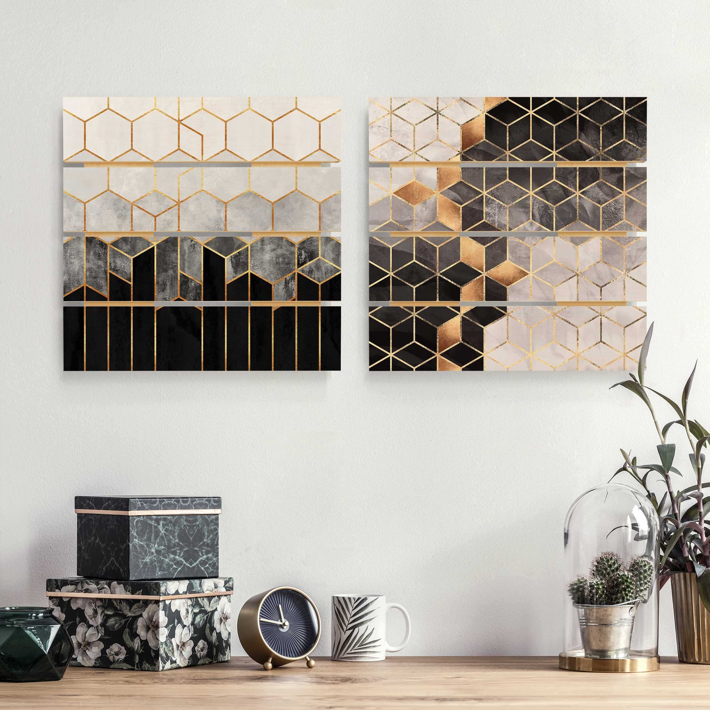 2-teiliges Holzbild Plankenoptik - Quadrat Goldene Geometrie Aquarell Set