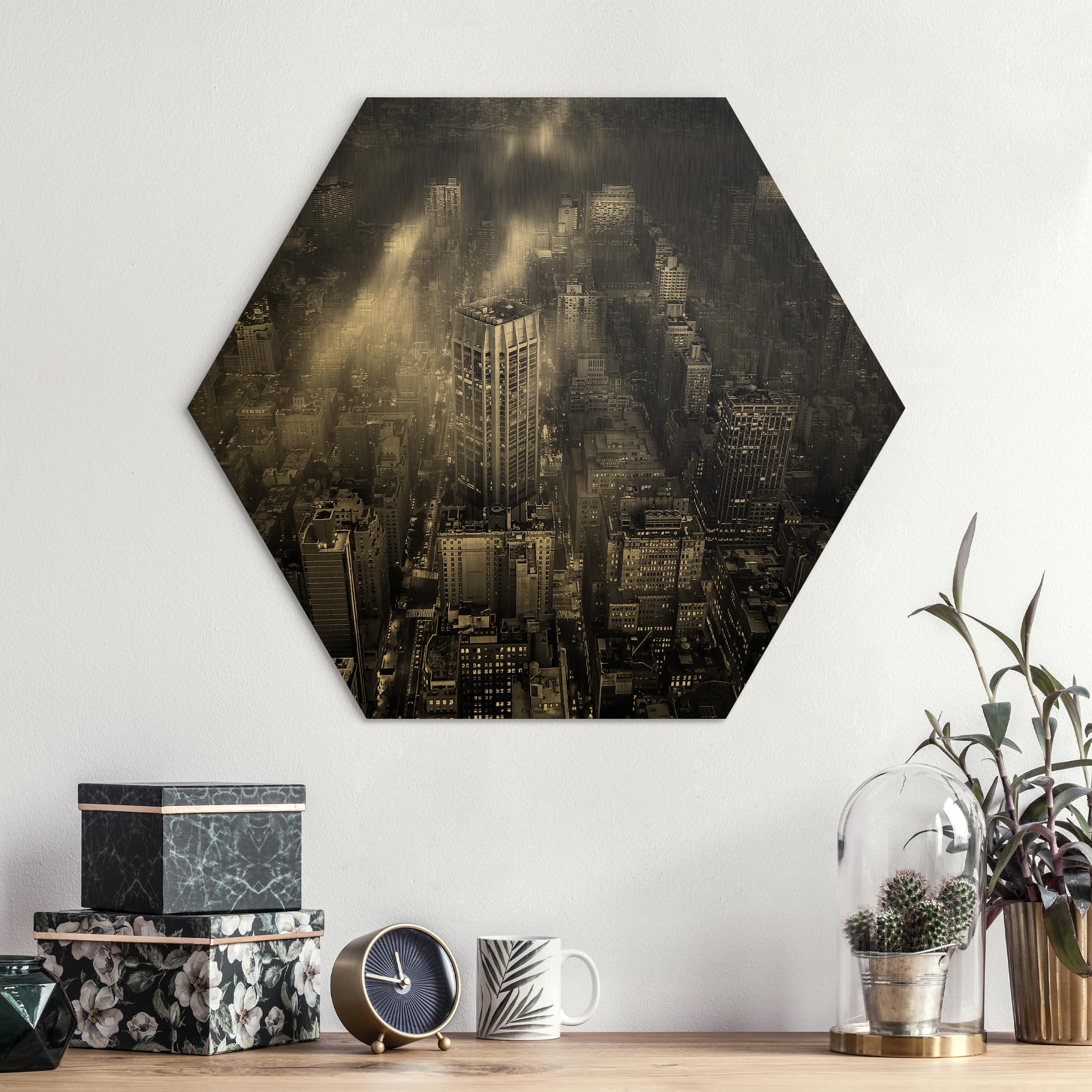 Hexagon-Alu-Dibond Bild Sonnenlicht über New York City