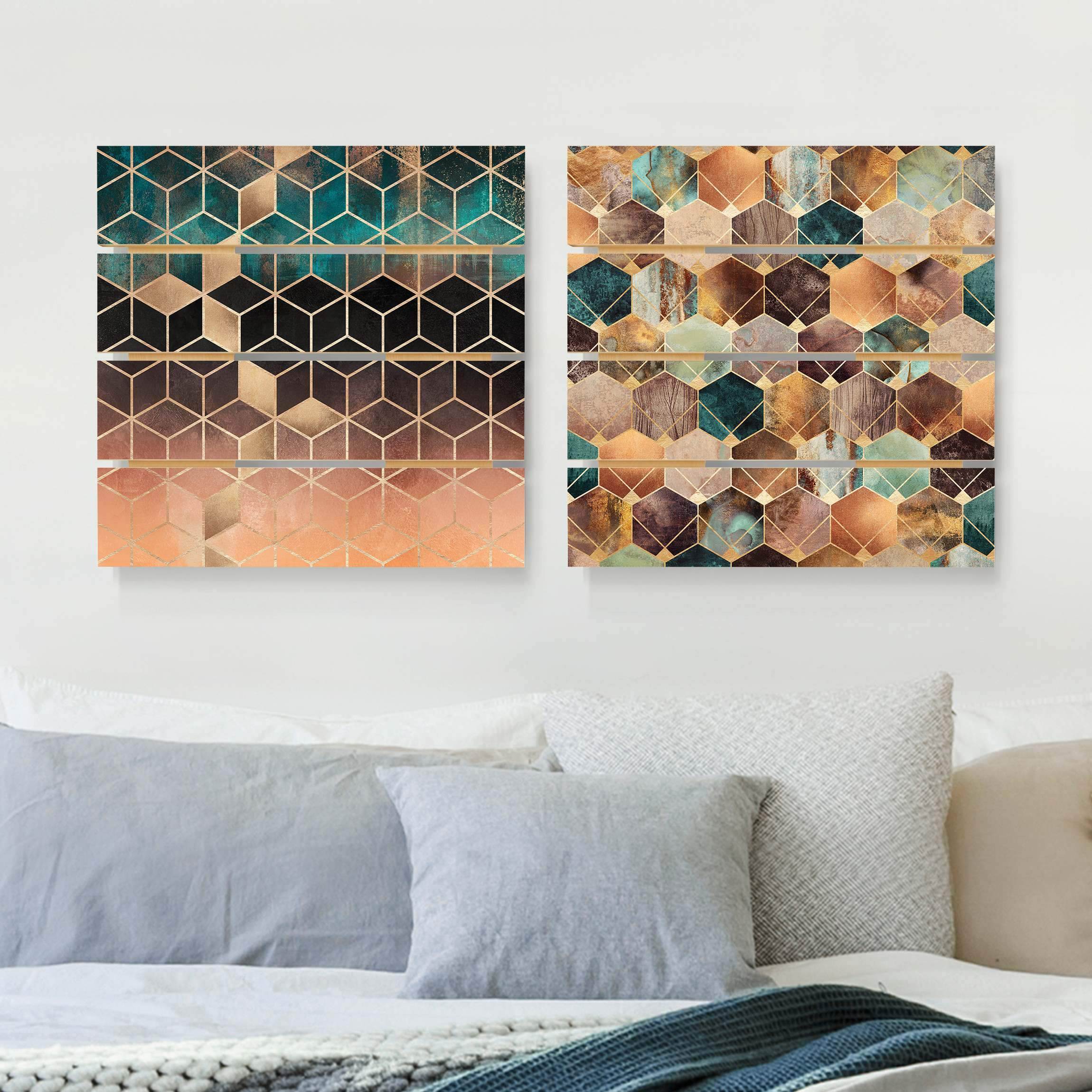 2-teiliges Holzbild Plankenoptik - Quadrat Türkise Geometrie goldenes Art Deco Set
