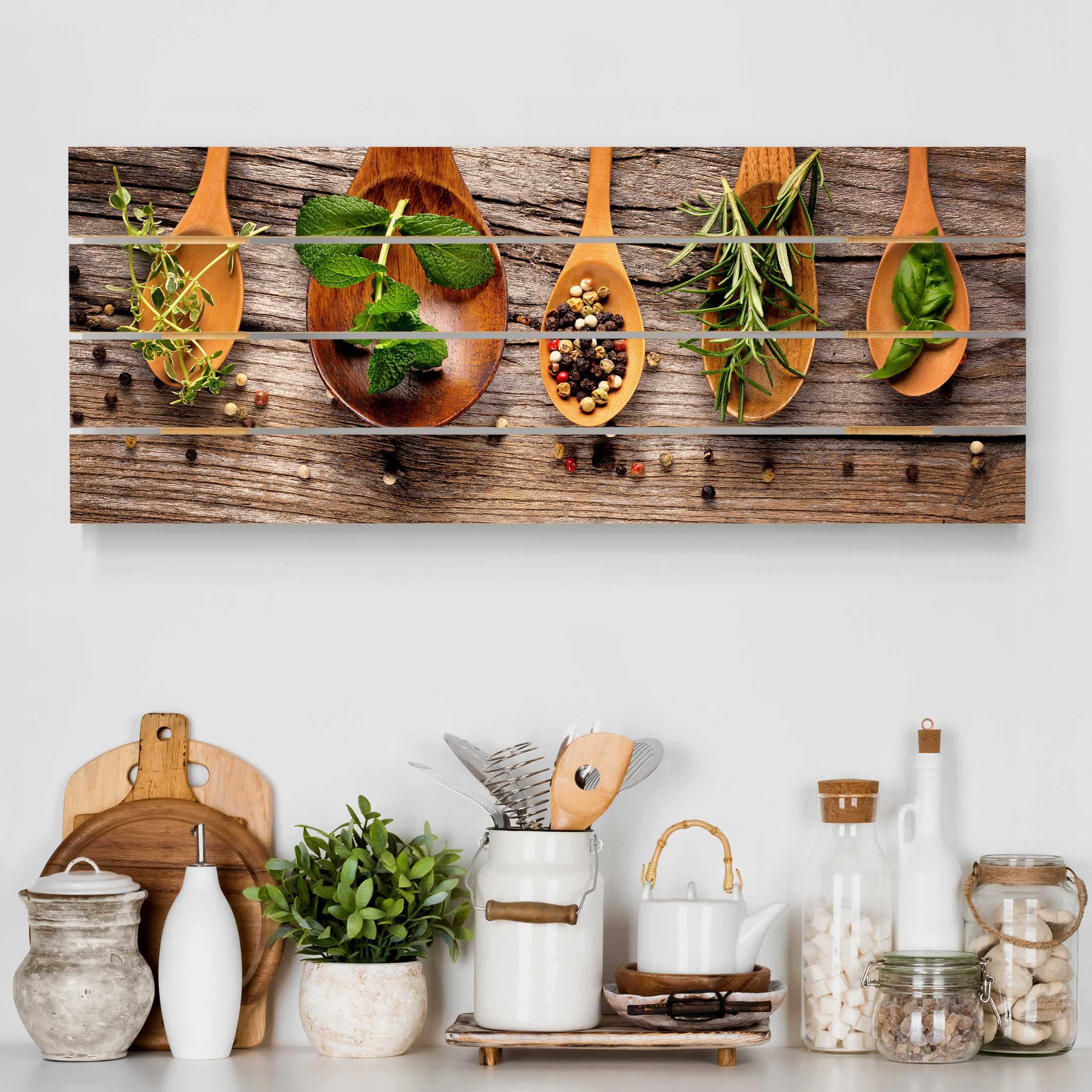 Holzbild Plankenoptik - Panorama Kräuter und Gewürze