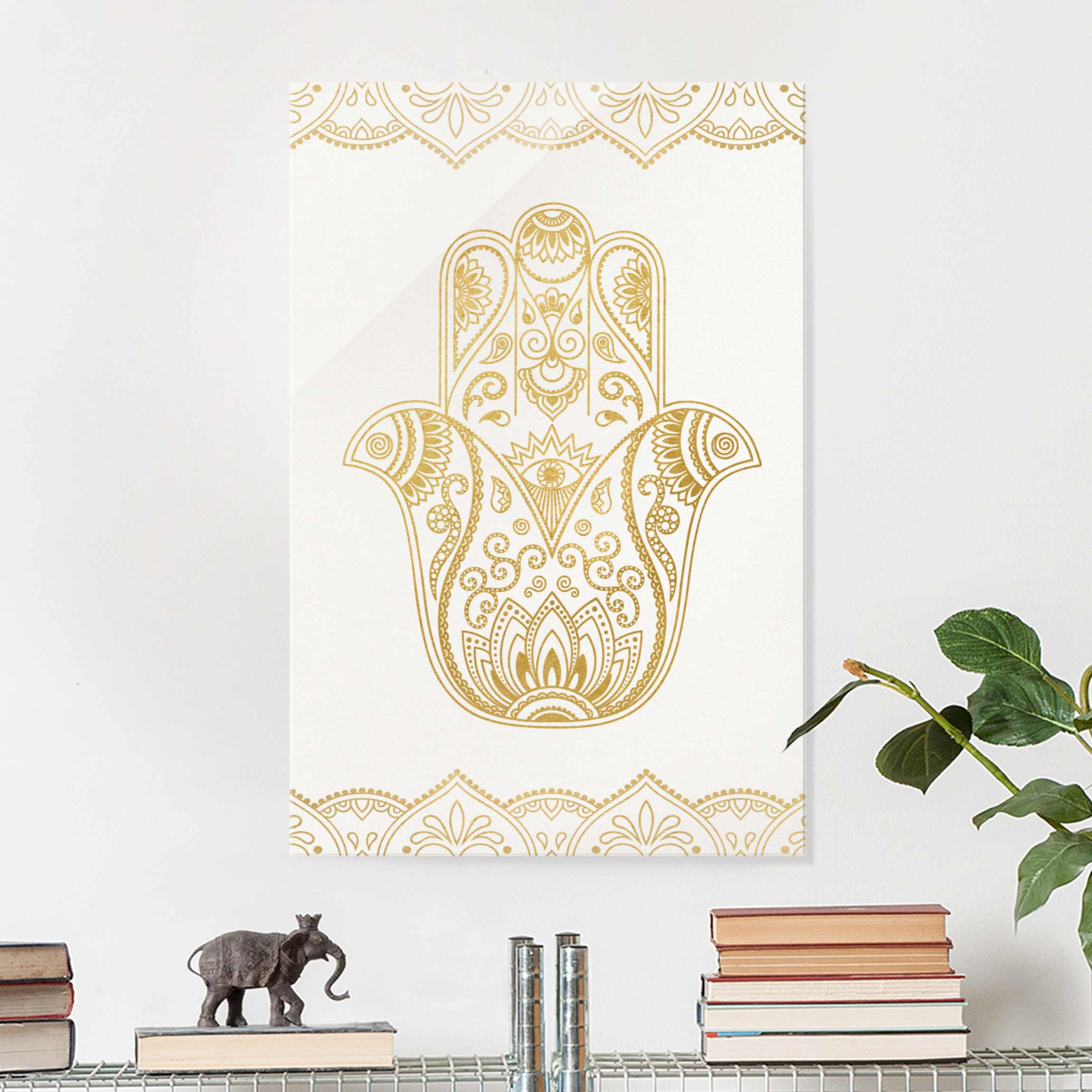 Glasbild Hamsa Hand Illustration weiß gold