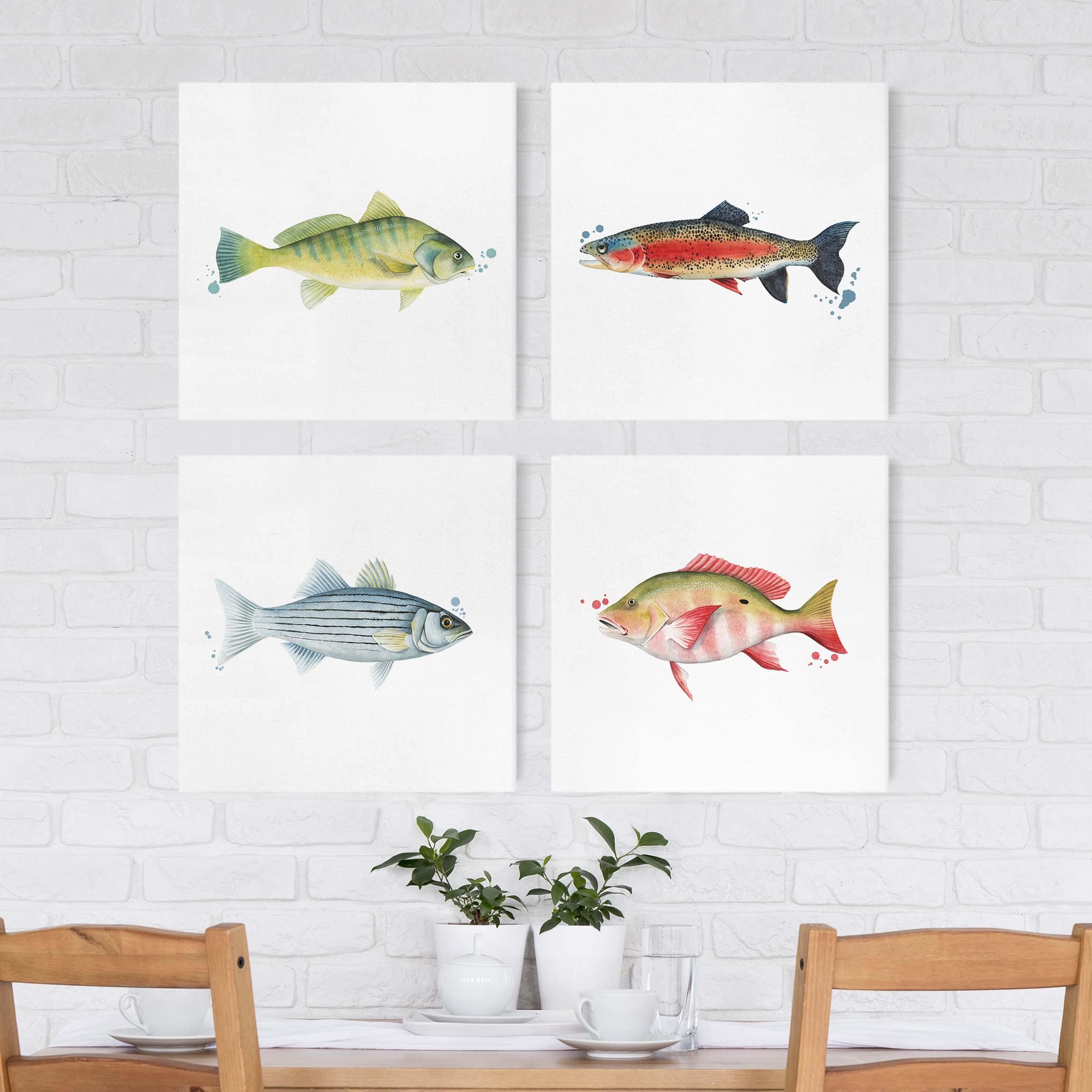 4-teiliges Leinwandbild Küche Farbfang - Fische Set I