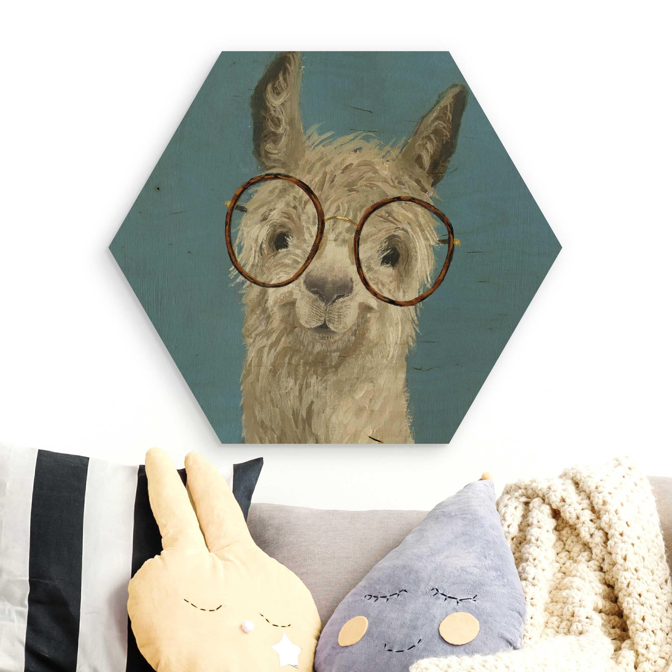 Hexagon-Holzbild Lama mit Brille I