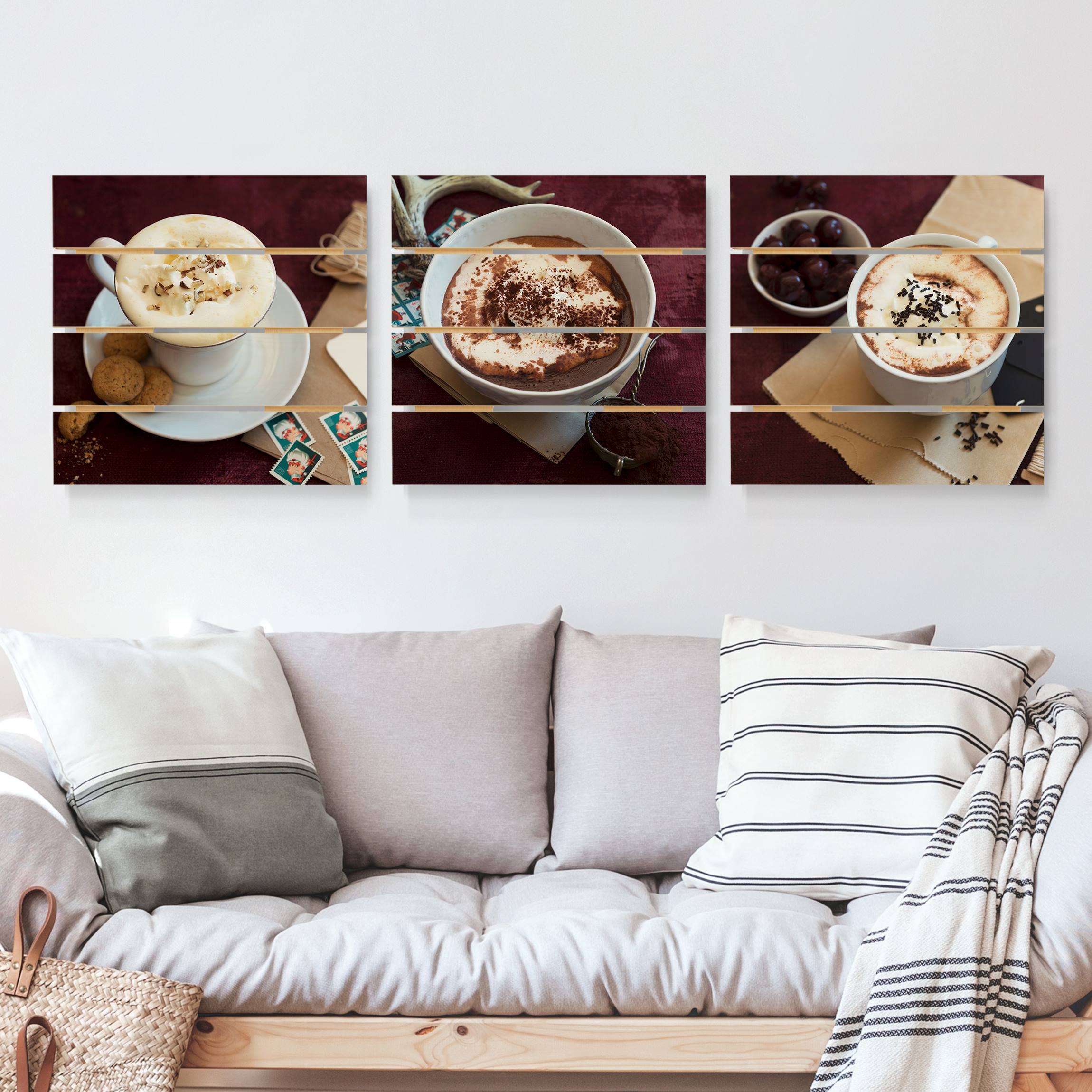 3-teiliges Holzbild Plankenoptik - Quadrat Heiße Schokolade mit Sahne