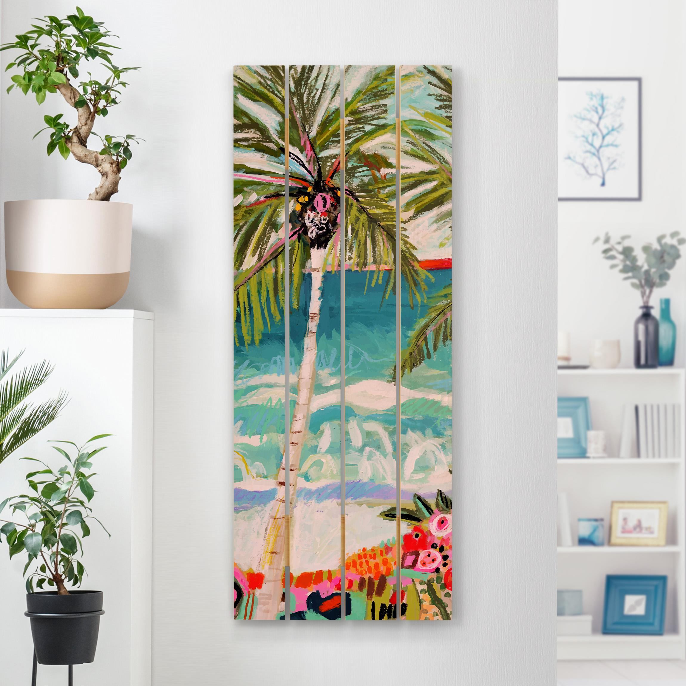 Holzbild Plankenoptik - Hochformat Palme mit pinken Blumen I