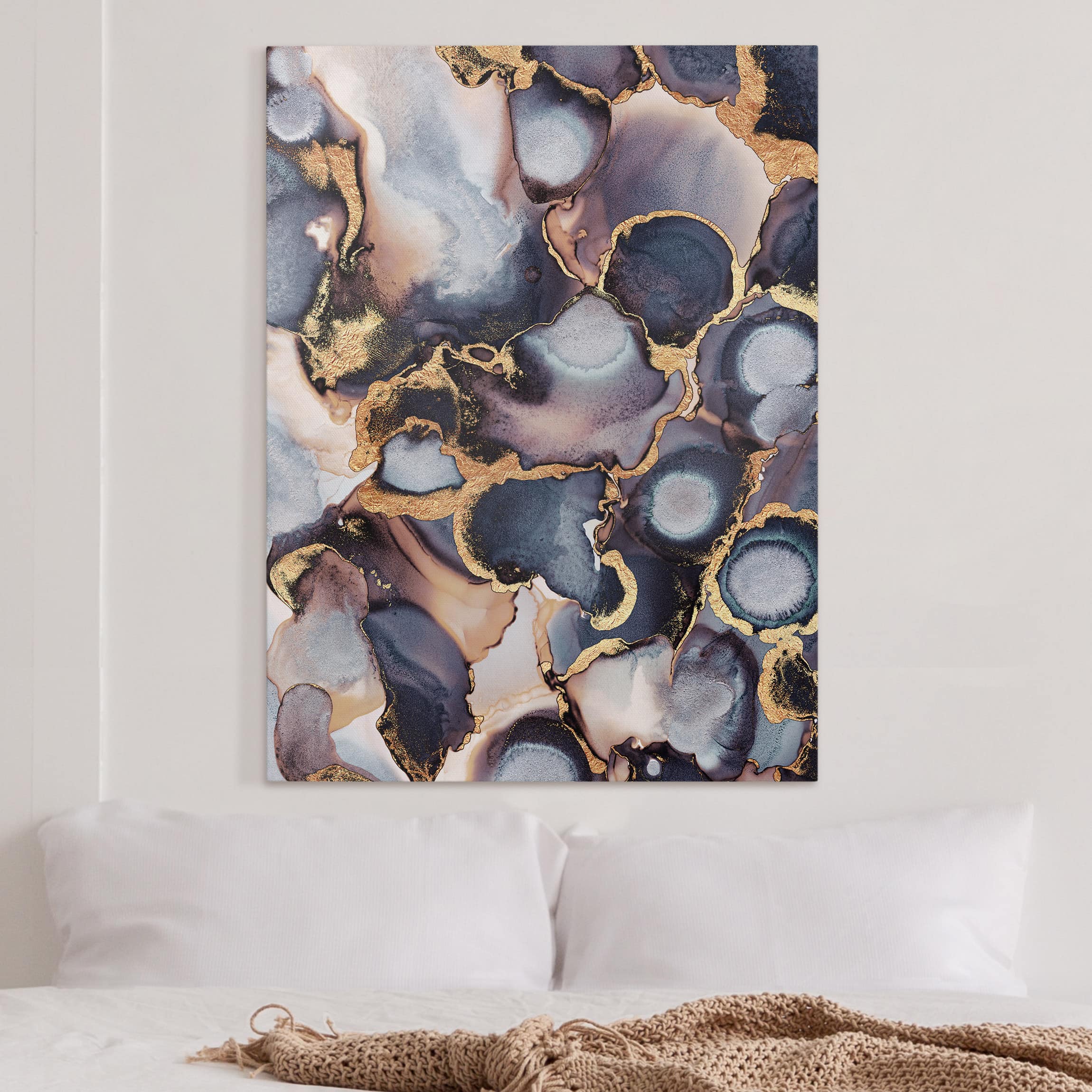 Leinwandbild - Hochformat Marmor Aquarell mit Gold