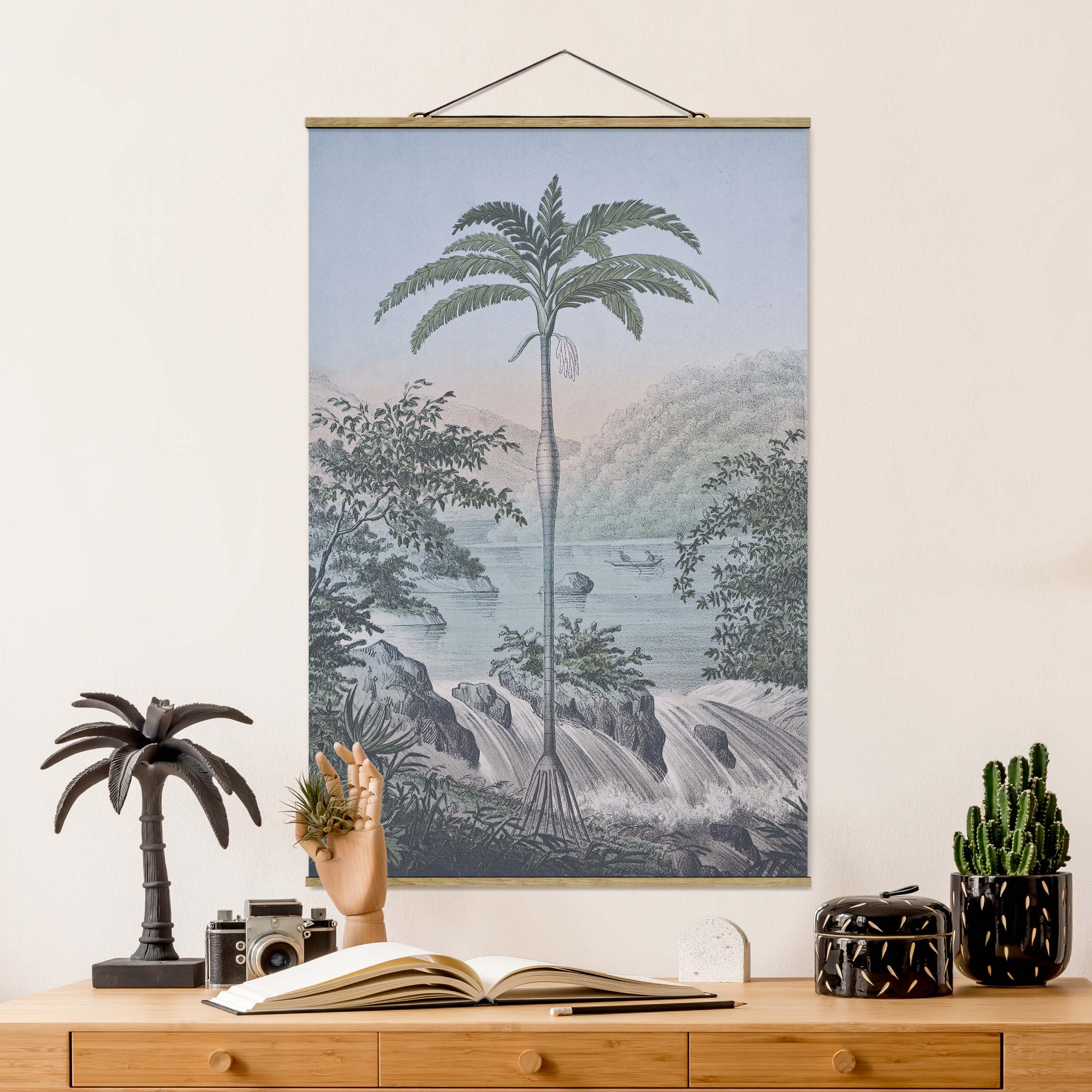 Stoffbild mit Posterleisten Vintage Illustration - Landschaft mit Palme