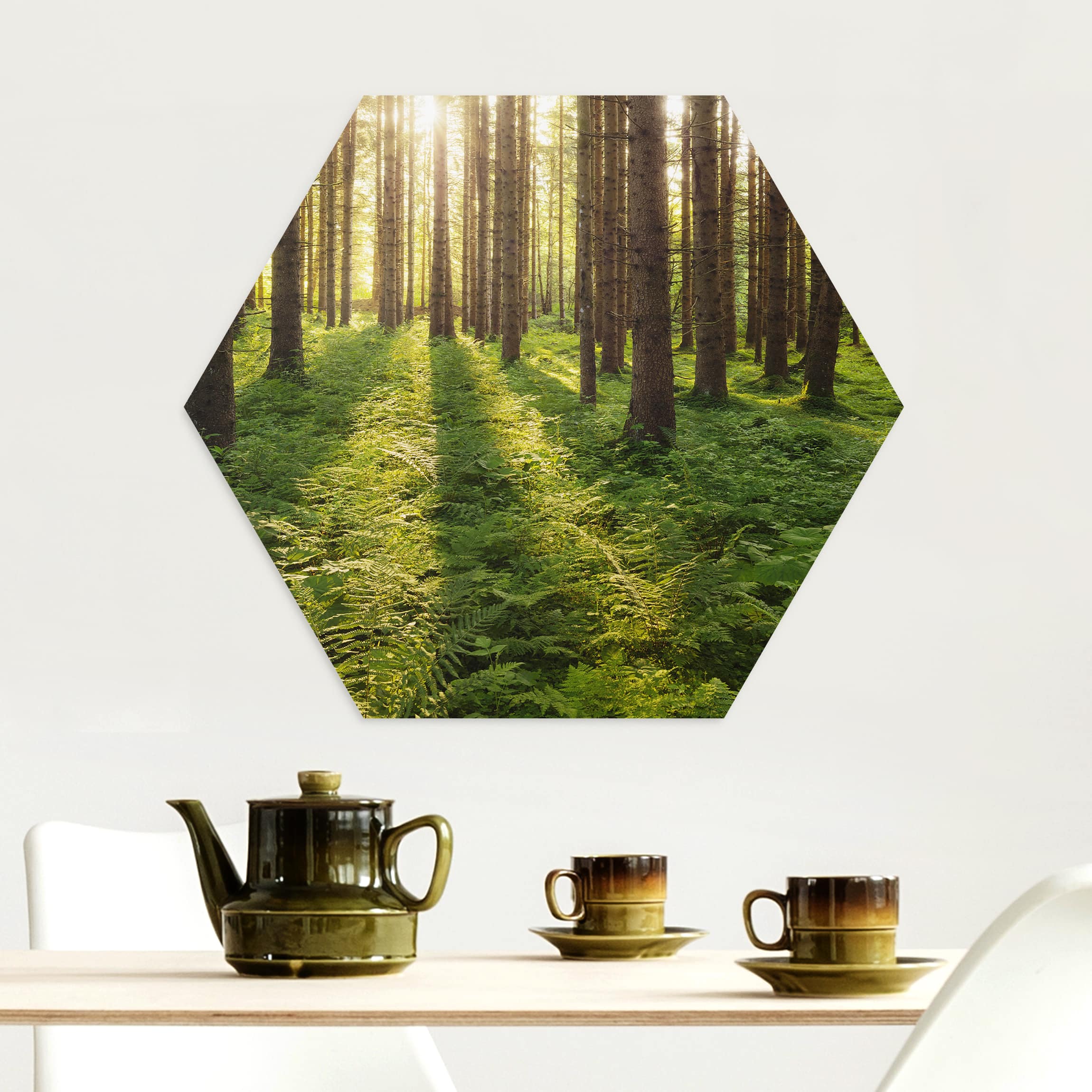 Hexagon-Alu-Dibond Bild Sonnenstrahlen in grünem Wald