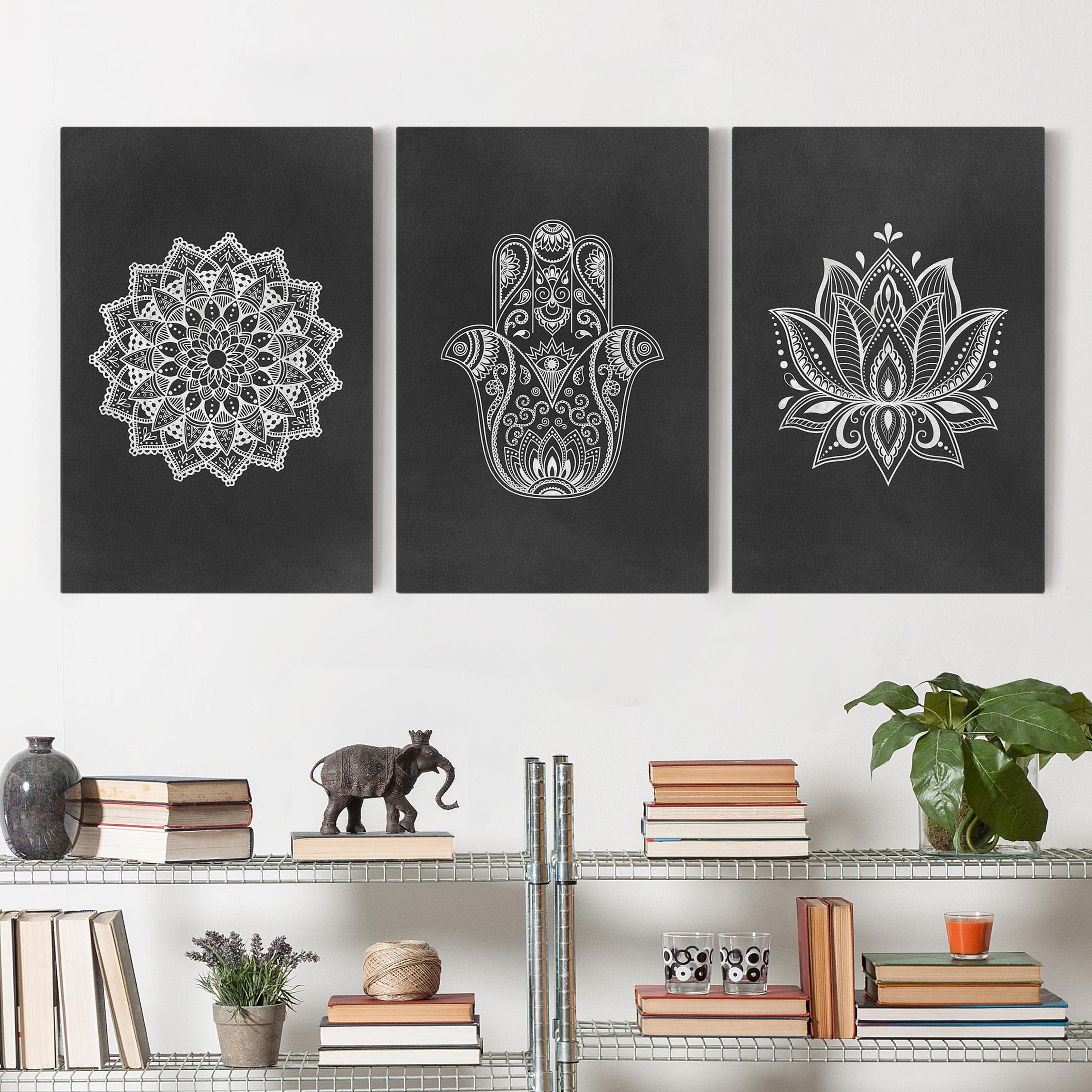 Leinwandbild Mandala Hamsa Hand Lotus Set auf Schwarz