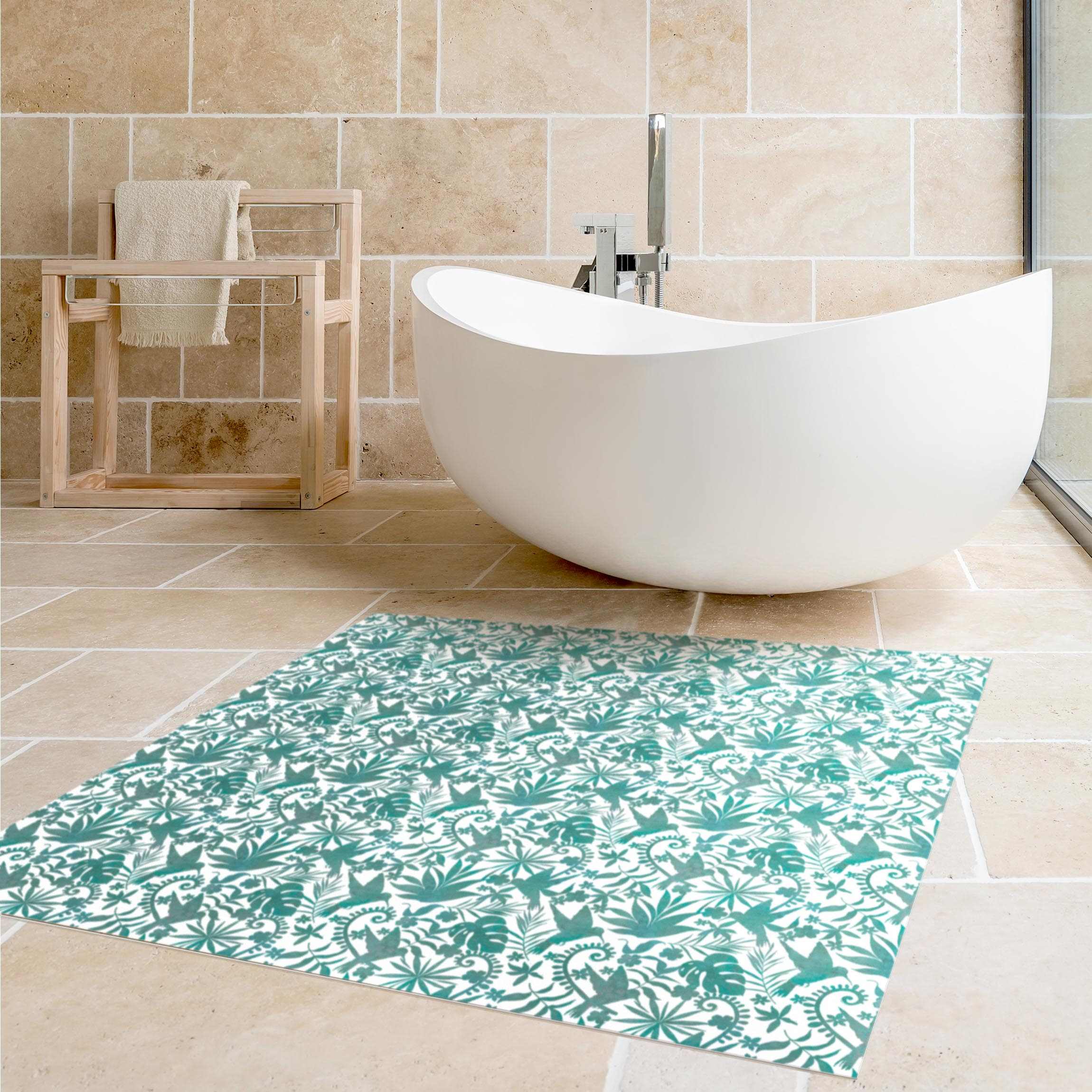 Vinylteppich Aquarell Kolibri und Pflanzen Silhouetten Muster in Türkis