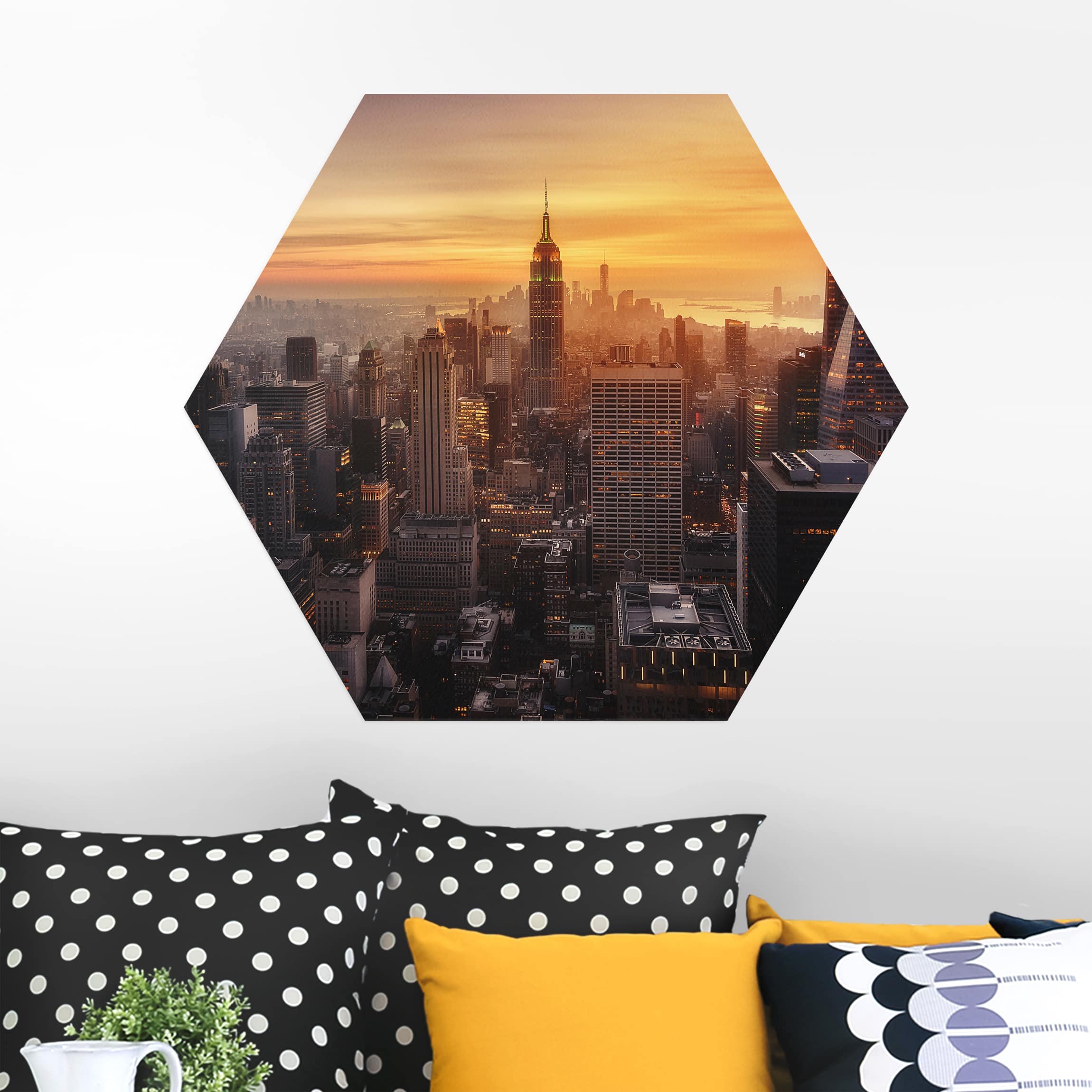 Hexagon-Alu-Dibond Bild Manhattan Skyline Abendstimmung