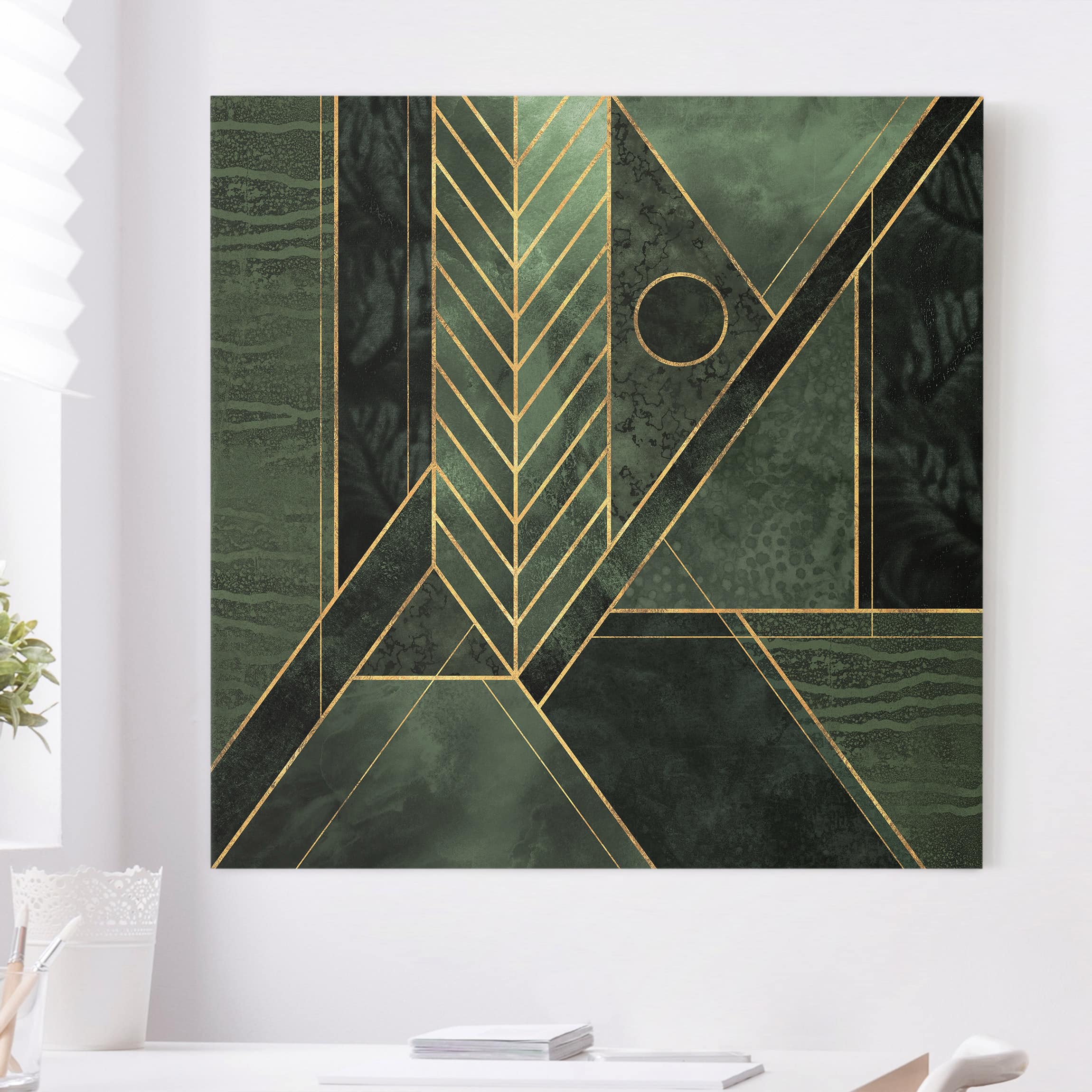Leinwandbild - Quadrat Geometrische Formen Smaragd Gold