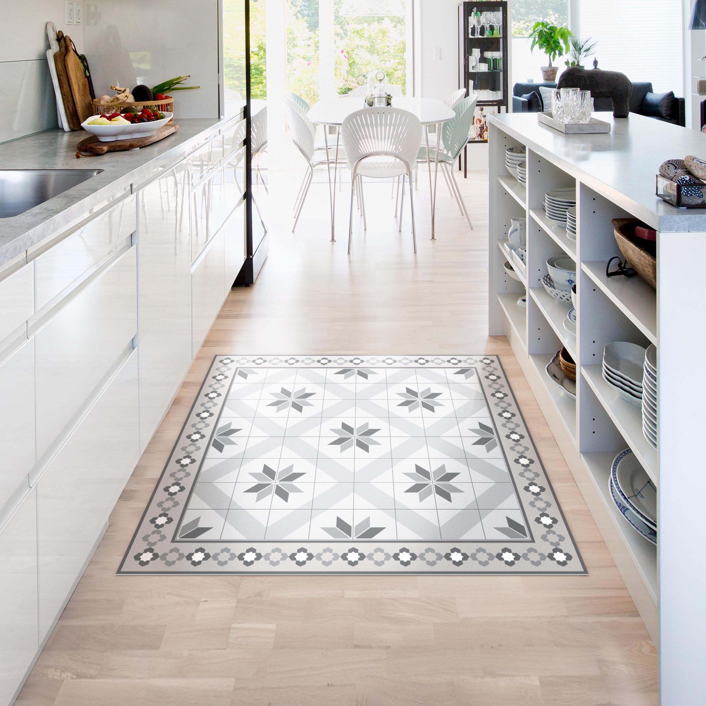 Vinylteppich Geometrische Fliesen Rautenblüte Grau mit Bordüre