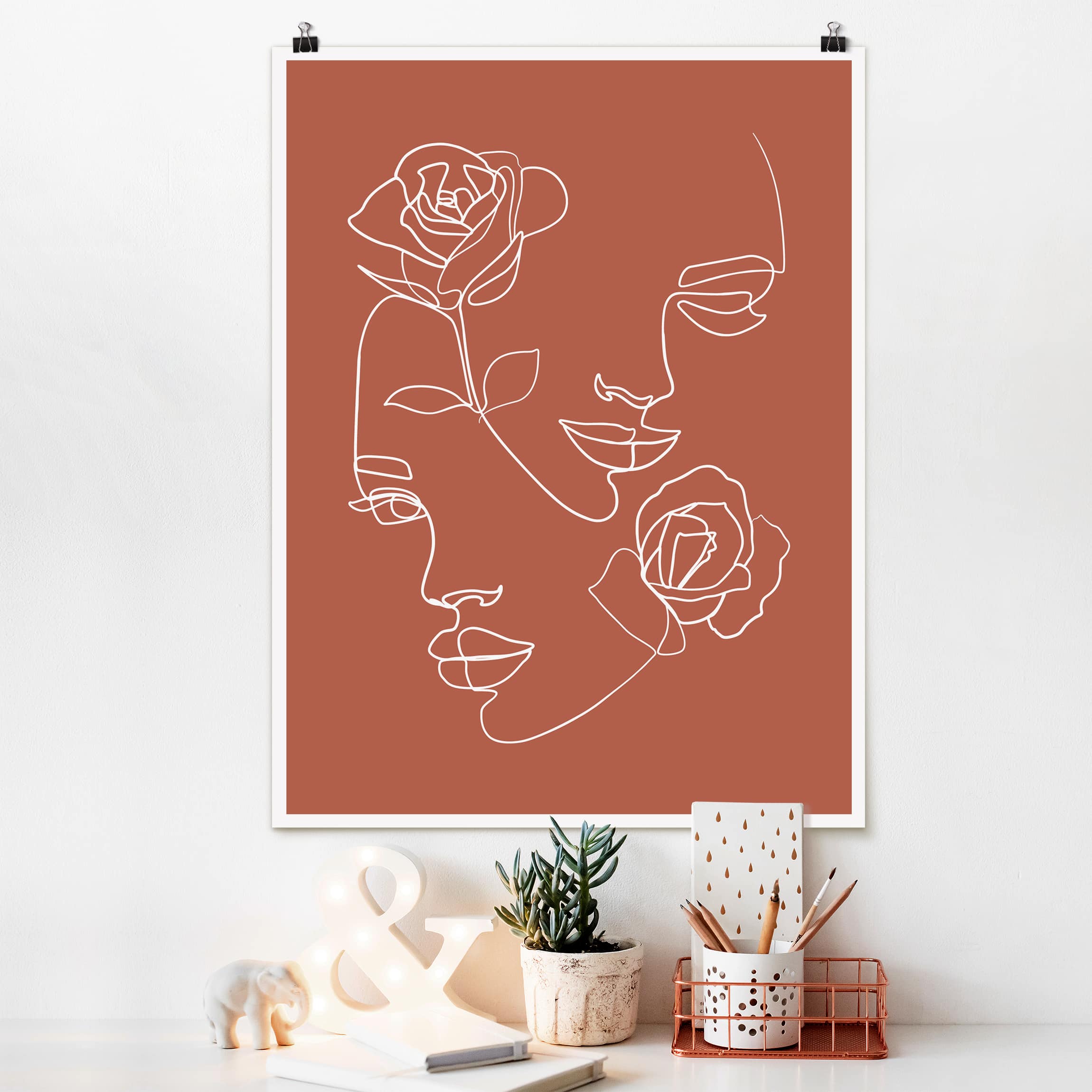 Poster - Hochformat Line Art Gesichter Frauen Rosen Kupfer