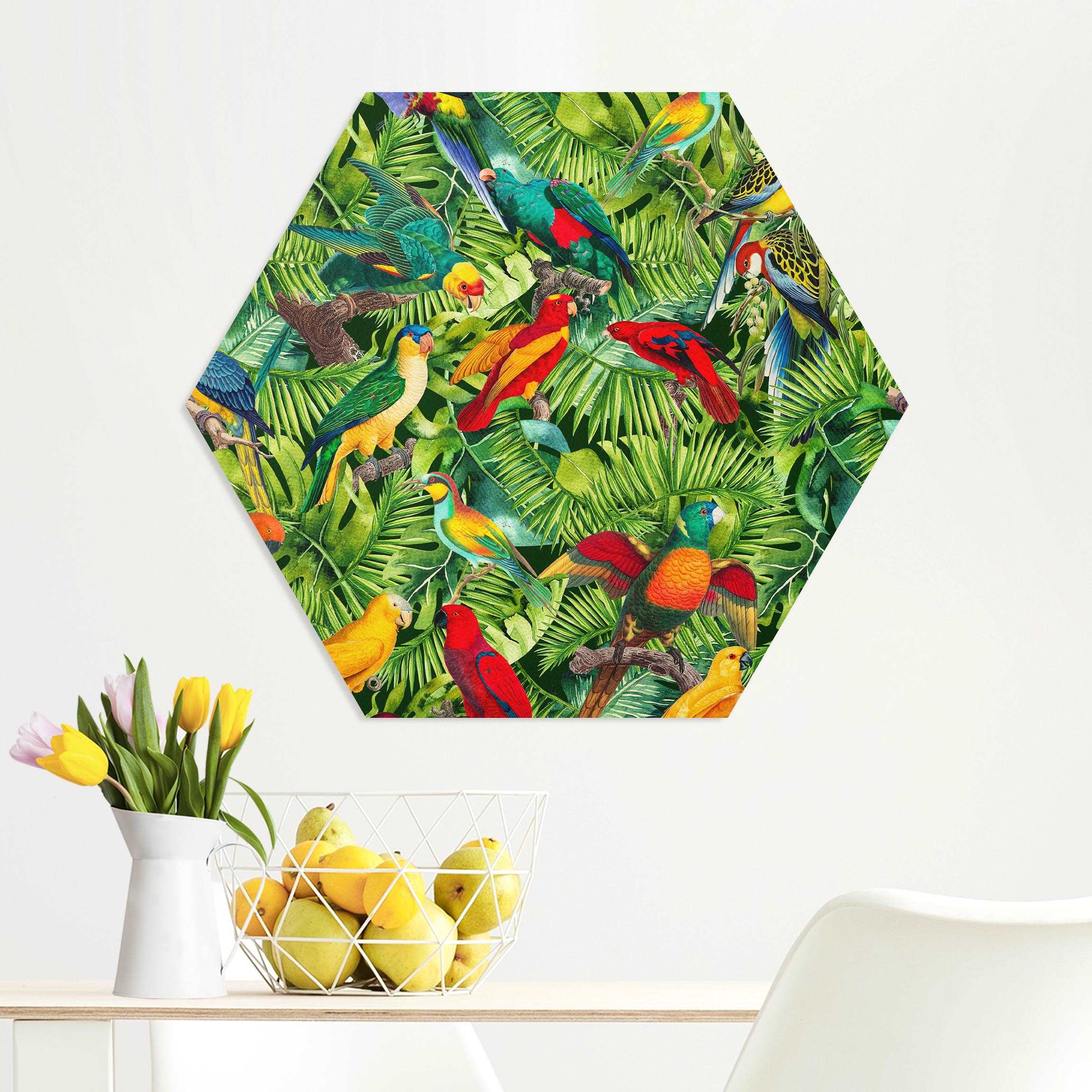 Hexagon-Forexbild Bunte Collage - Papageien im Dschungel