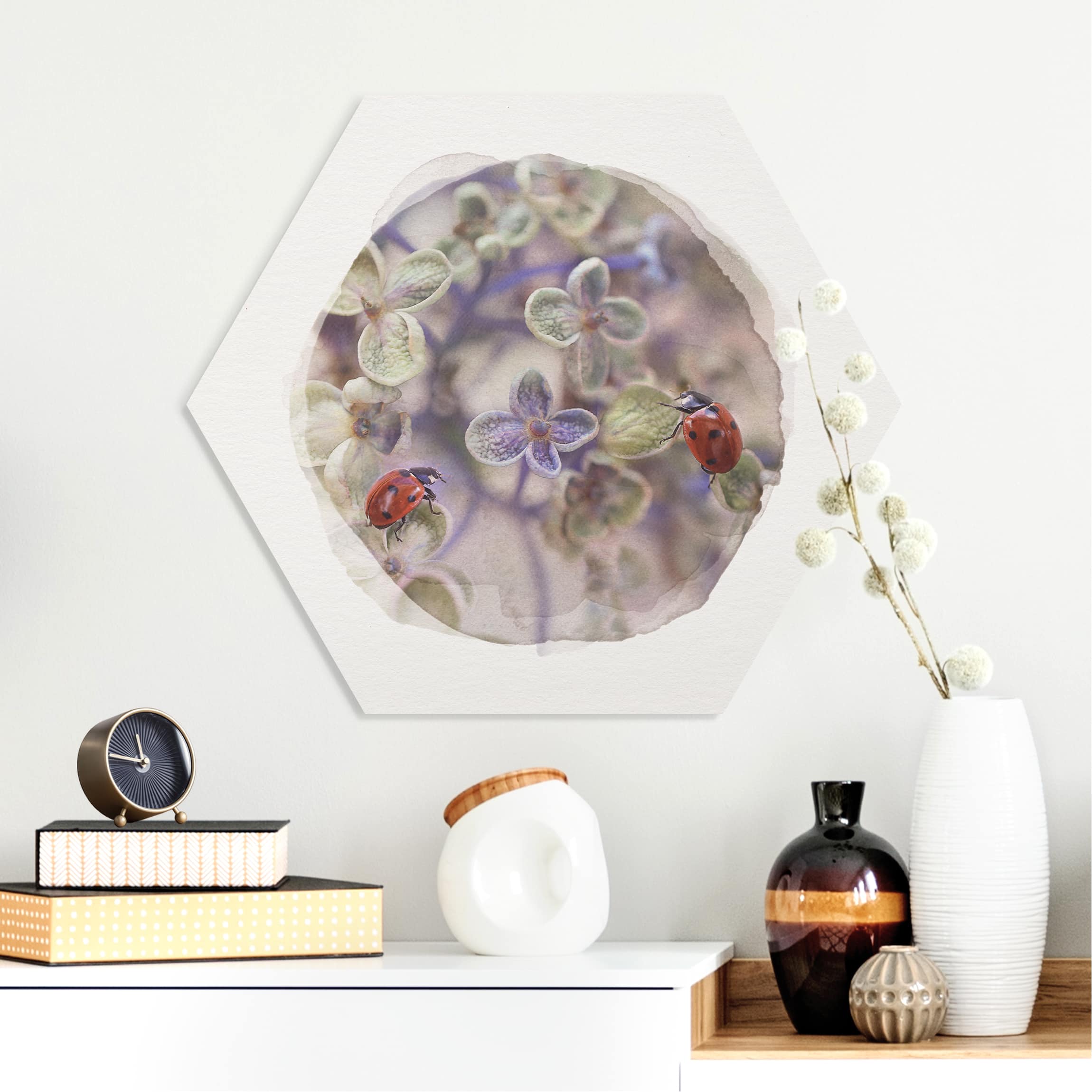 Hexagon-Forexbild Wasserfarben - Marienkäfer im Garten