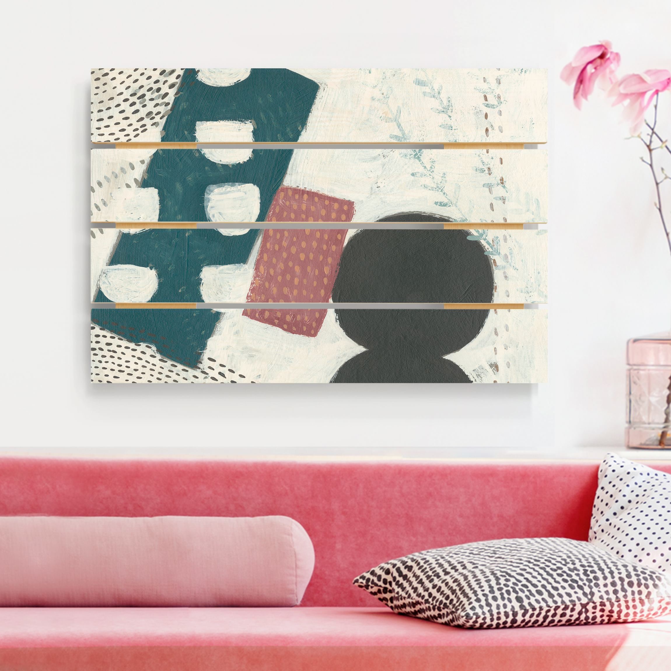 Holzbild Plankenoptik - Querformat Karneval der Formen in Petrol I