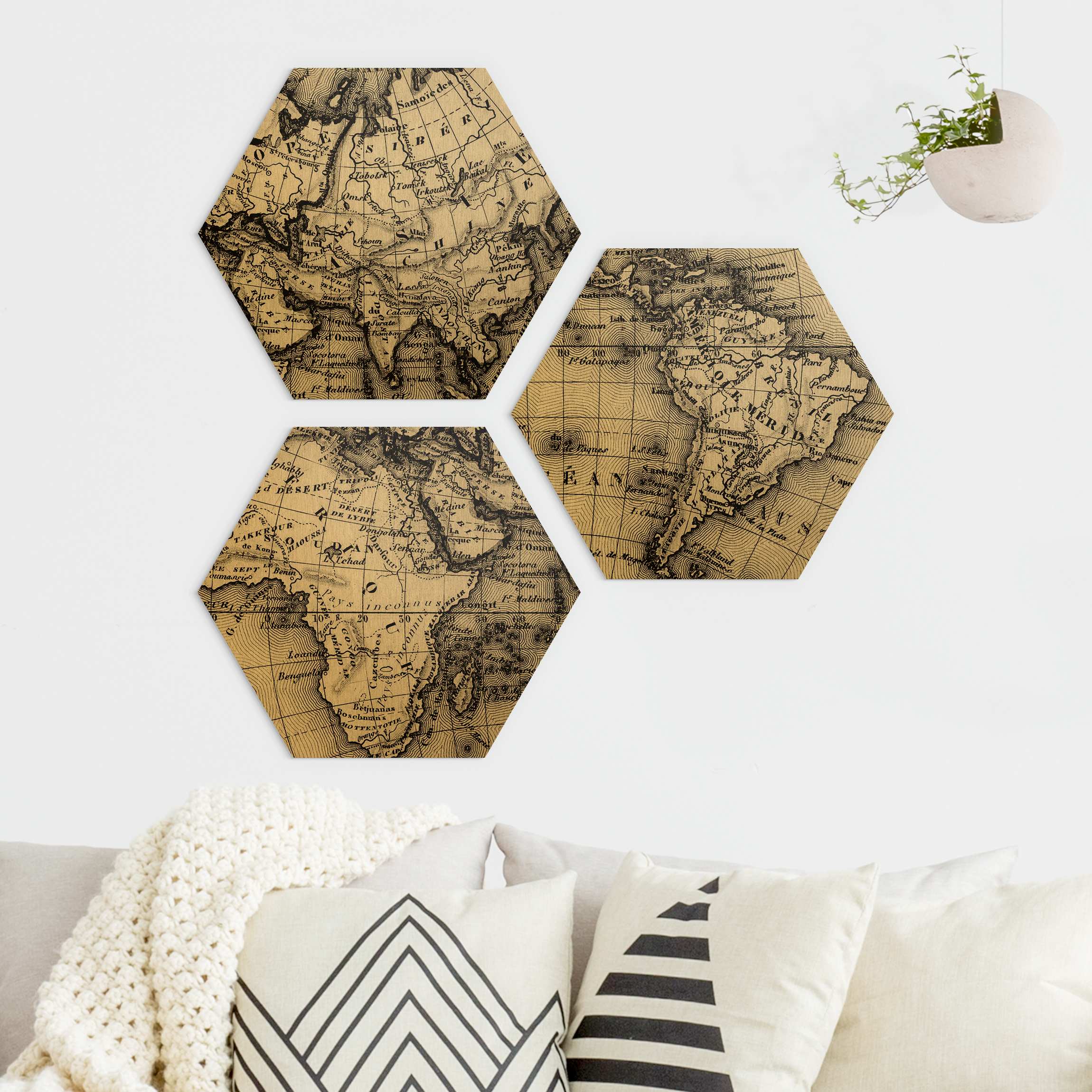 3-teiliges Hexagon-Alu-Dibond Bild Alte Weltkarte Details