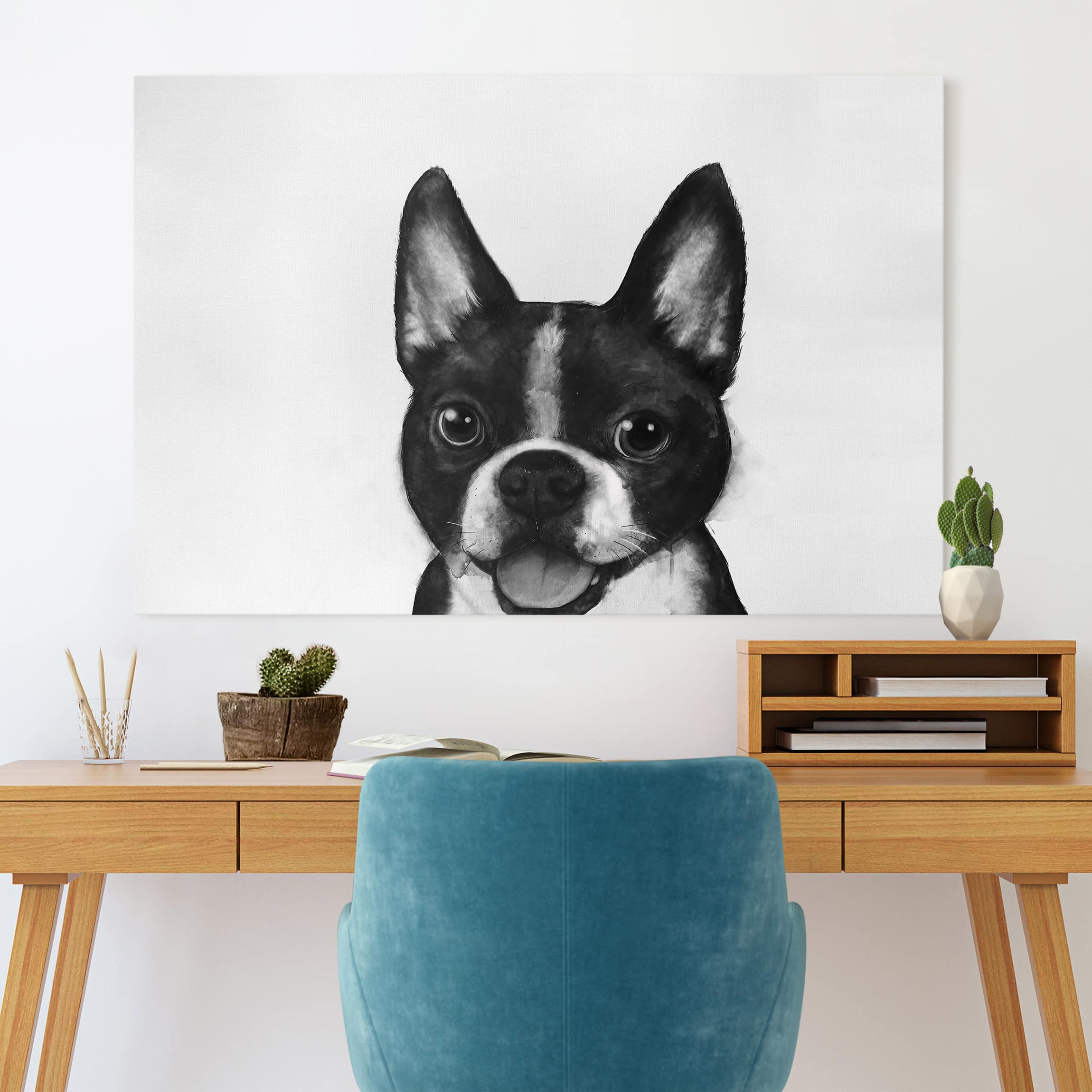 Leinwandbild - Querformat Illustration Hund Boston Schwarz Weiß Malerei