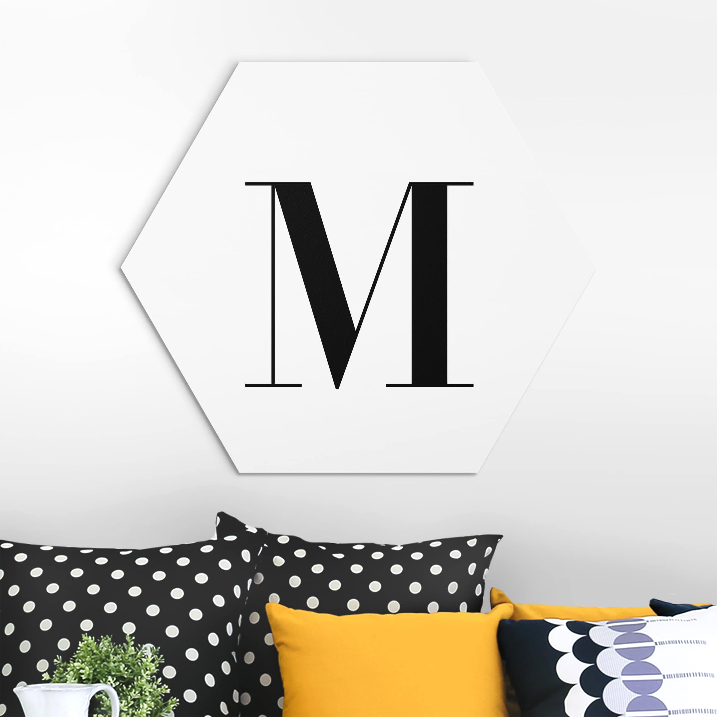 Hexagon-Alu-Dibond Bild Buchstabe Serif Weiß M