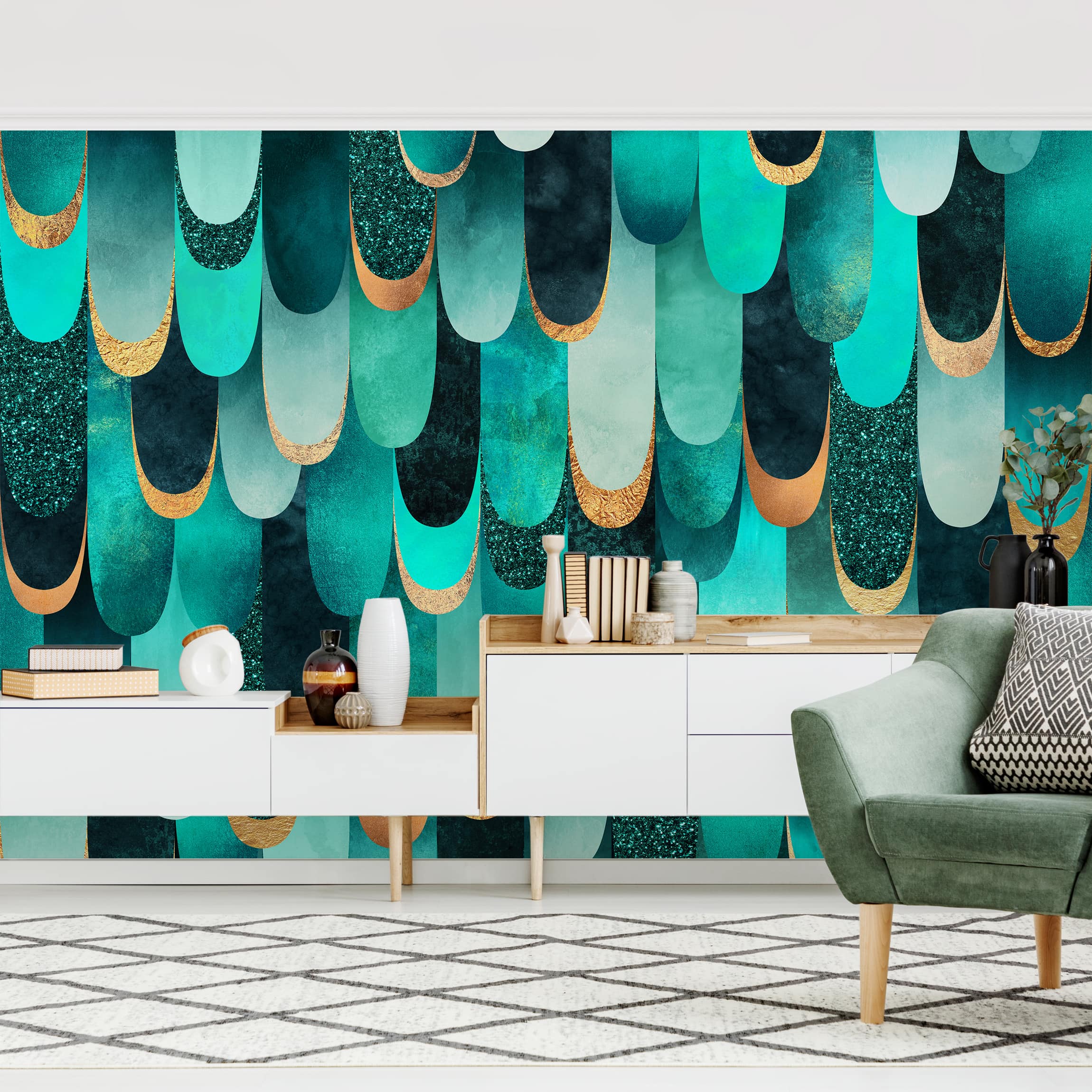 Mustertapete Federn Gold Türkis