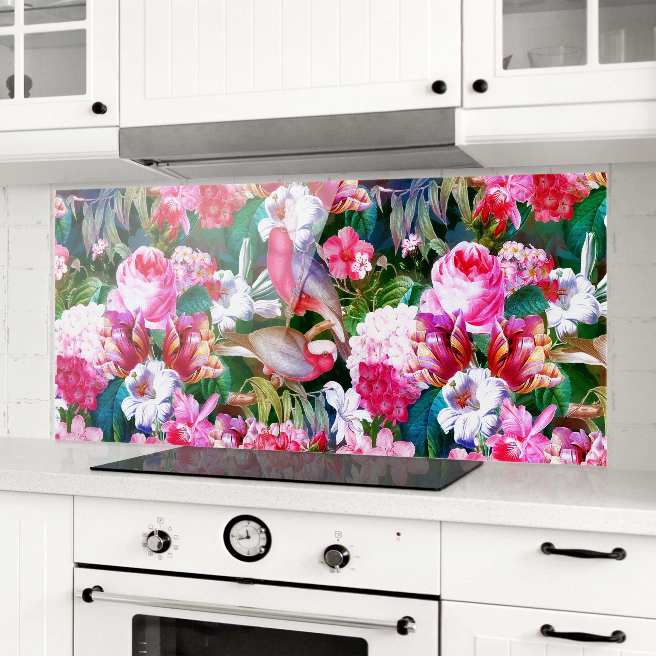 Spritzschutz Bunte Tropische Blumen mit Vögeln Pink