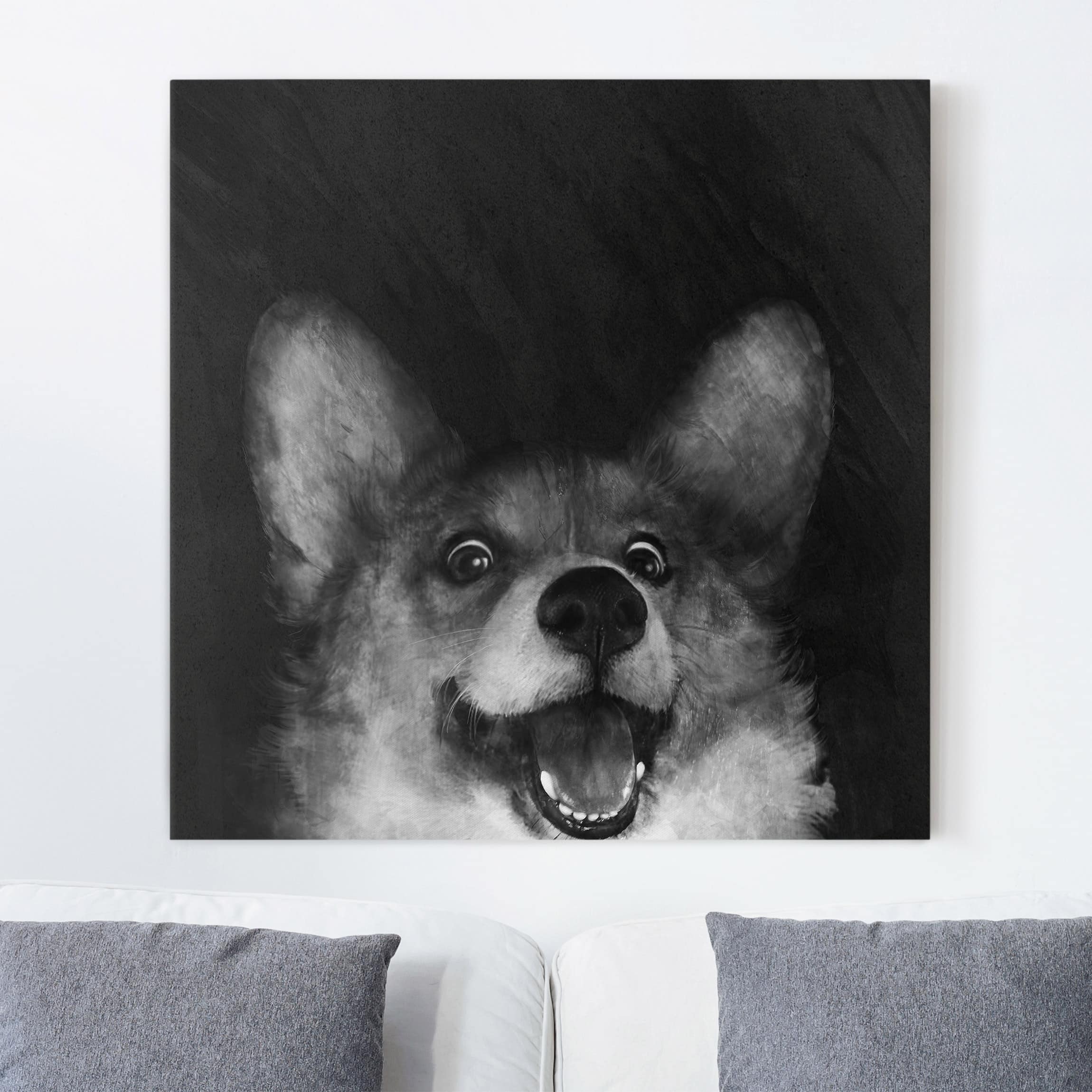 Leinwandbild - Quadrat Illustration Hund Corgi Malerei Schwarz Weiß