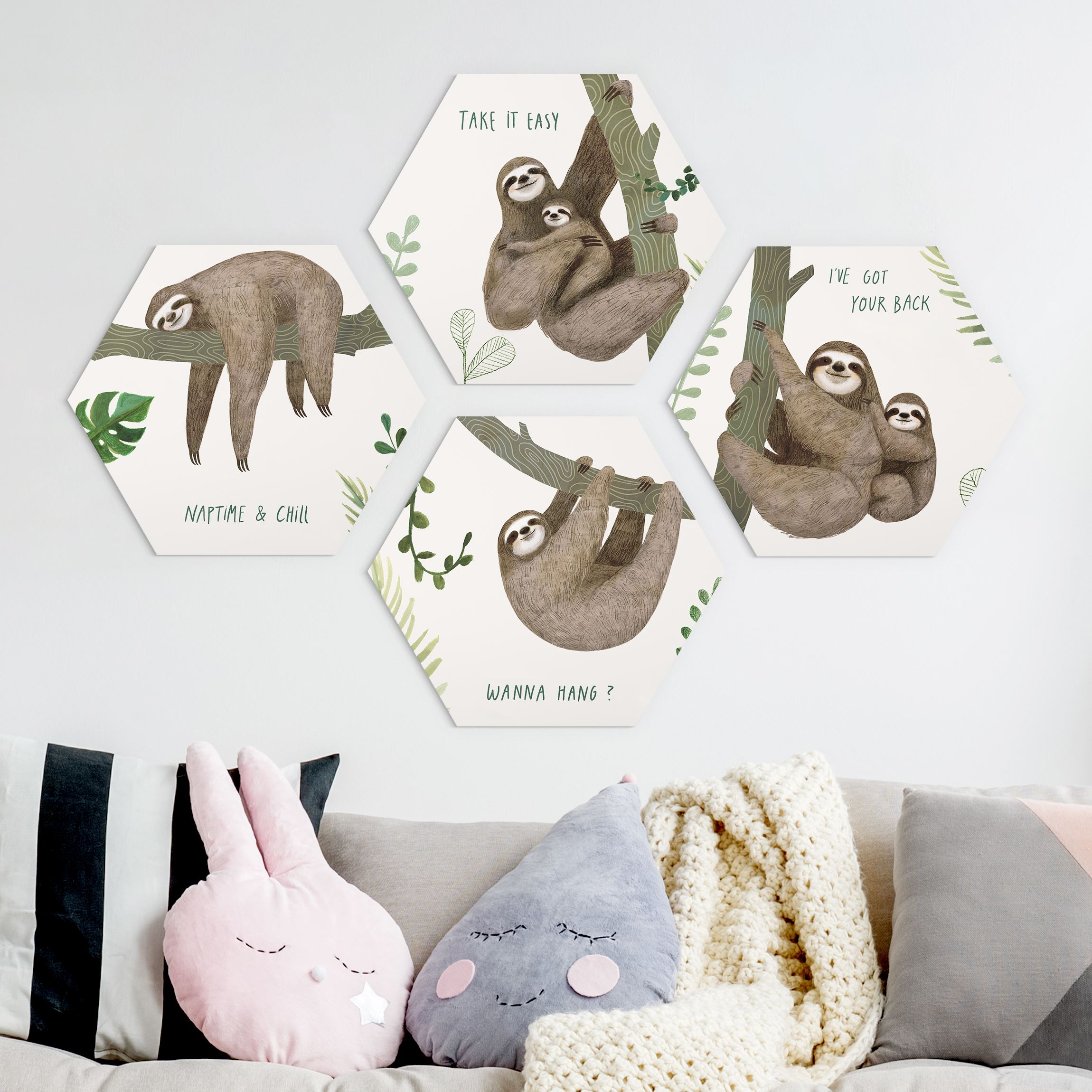 4-teiliges Hexagon-Alu-Dibond Bild Faultier Sprüche Set II