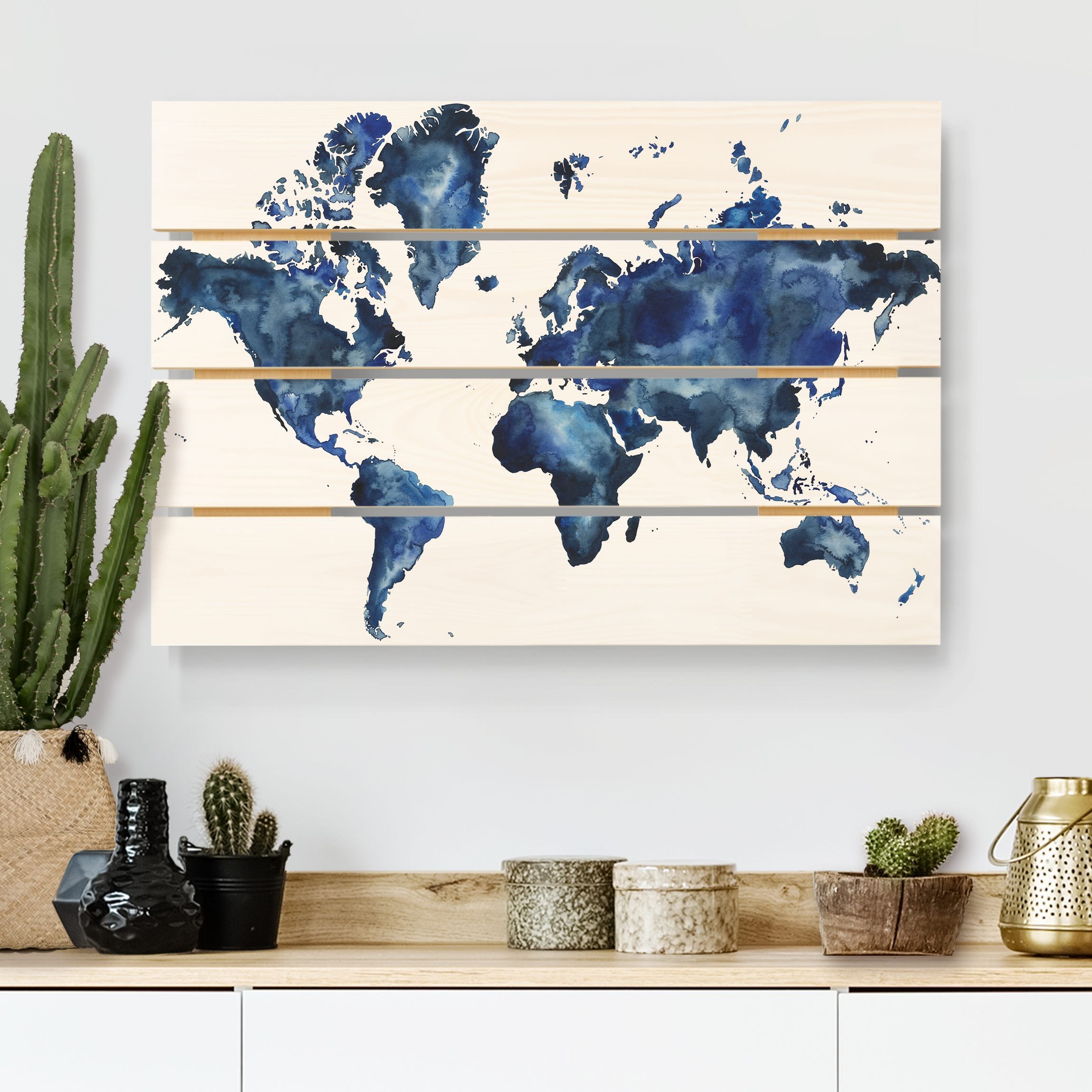 Holzbild Plankenoptik - Querformat Wasser-Weltkarte hell