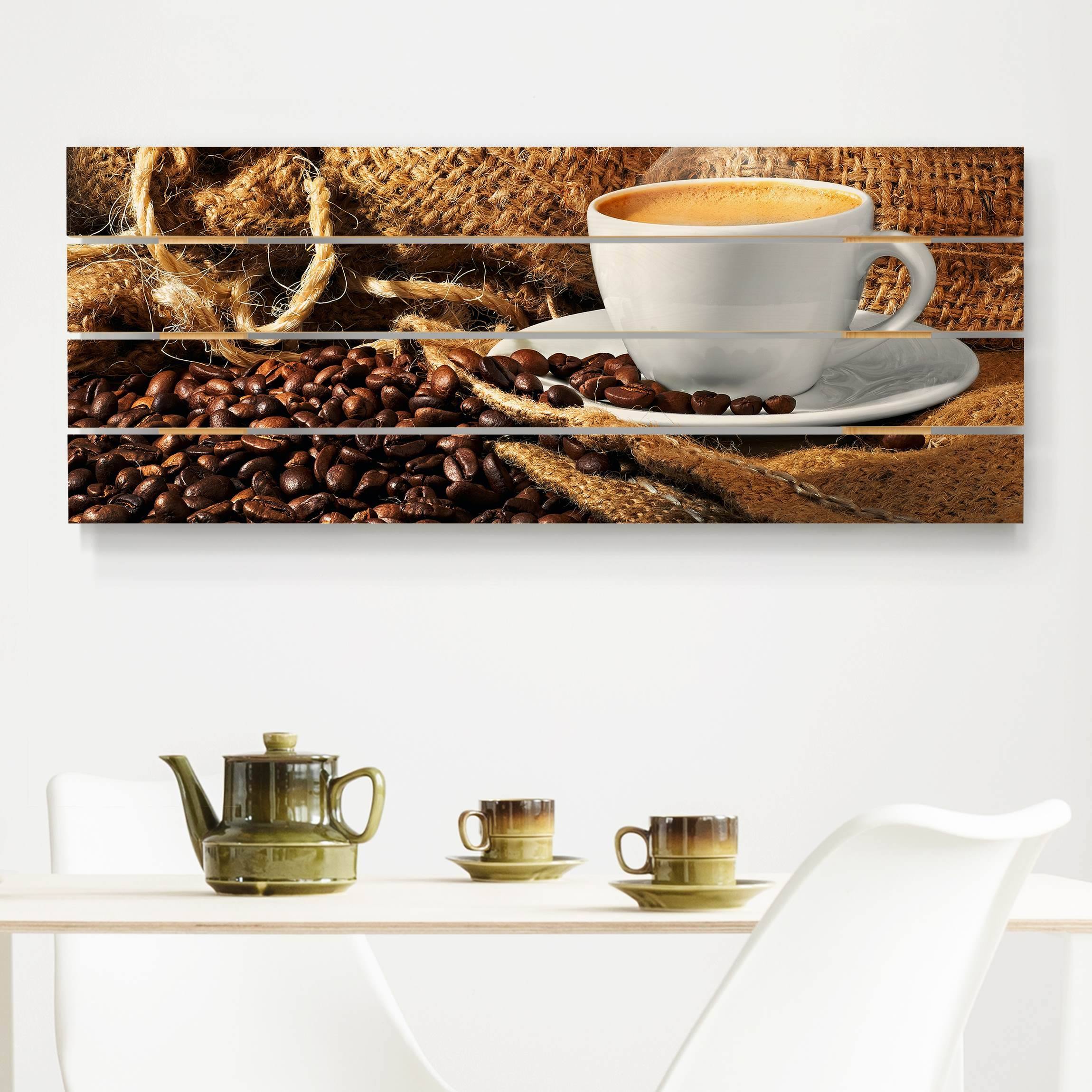 Holzbild Plankenoptik - Panorama Kaffee am Morgen