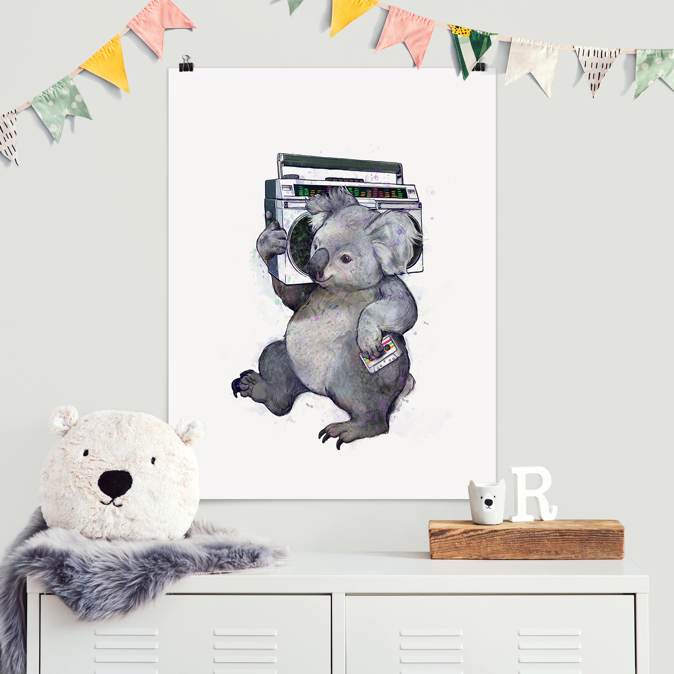 Poster Illustration Koala mit Radio Malerei
