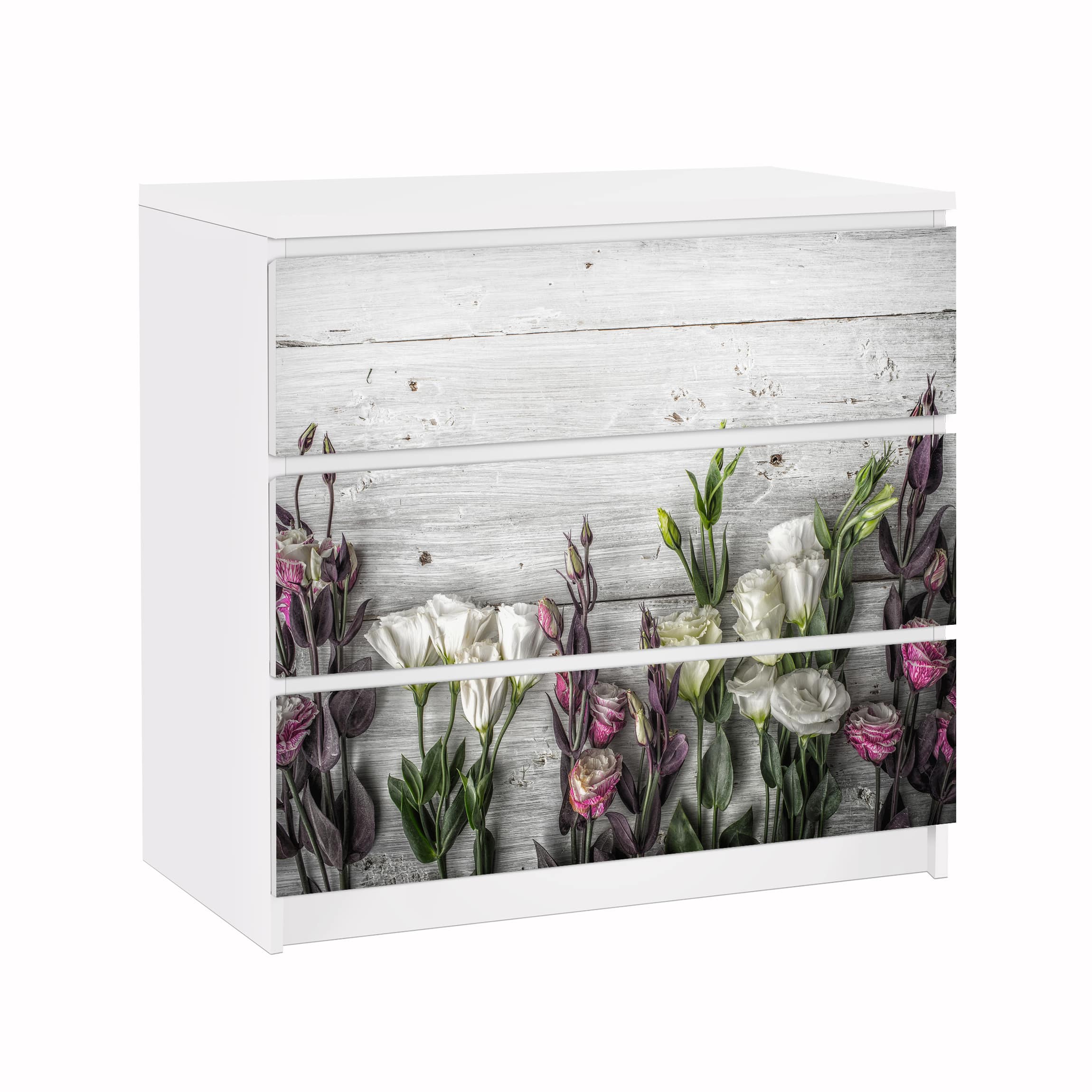 Möbelfolie für IKEA Malm Kommode 3 Schubladen Tulpen-Rose Shabby Holzoptik
