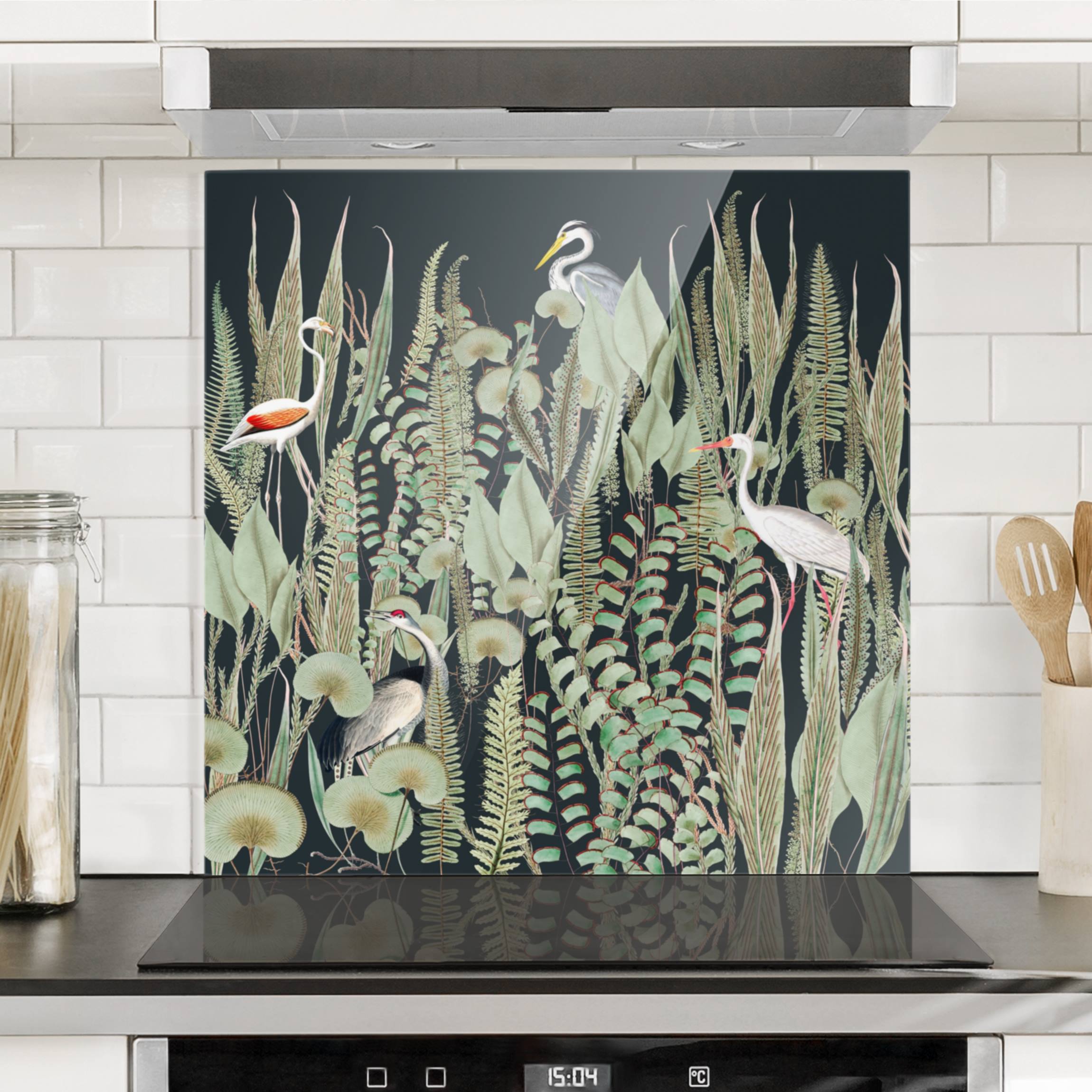 Glas Spritzschutz Flamingo und Storch mit Pflanzen auf Grün