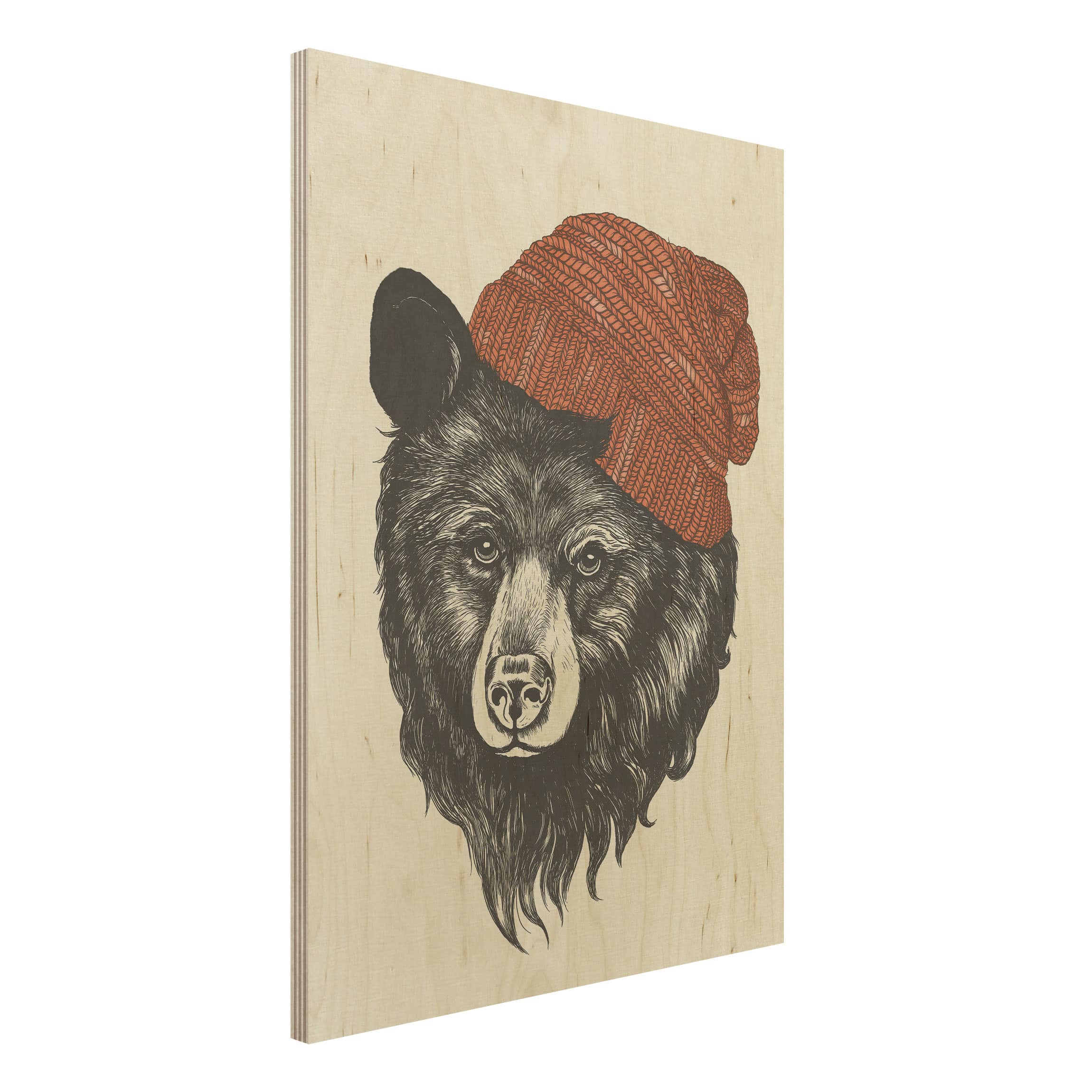 Holzbild - Hochformat 3:4 Illustration Bär mit roter Mütze Zeichnung