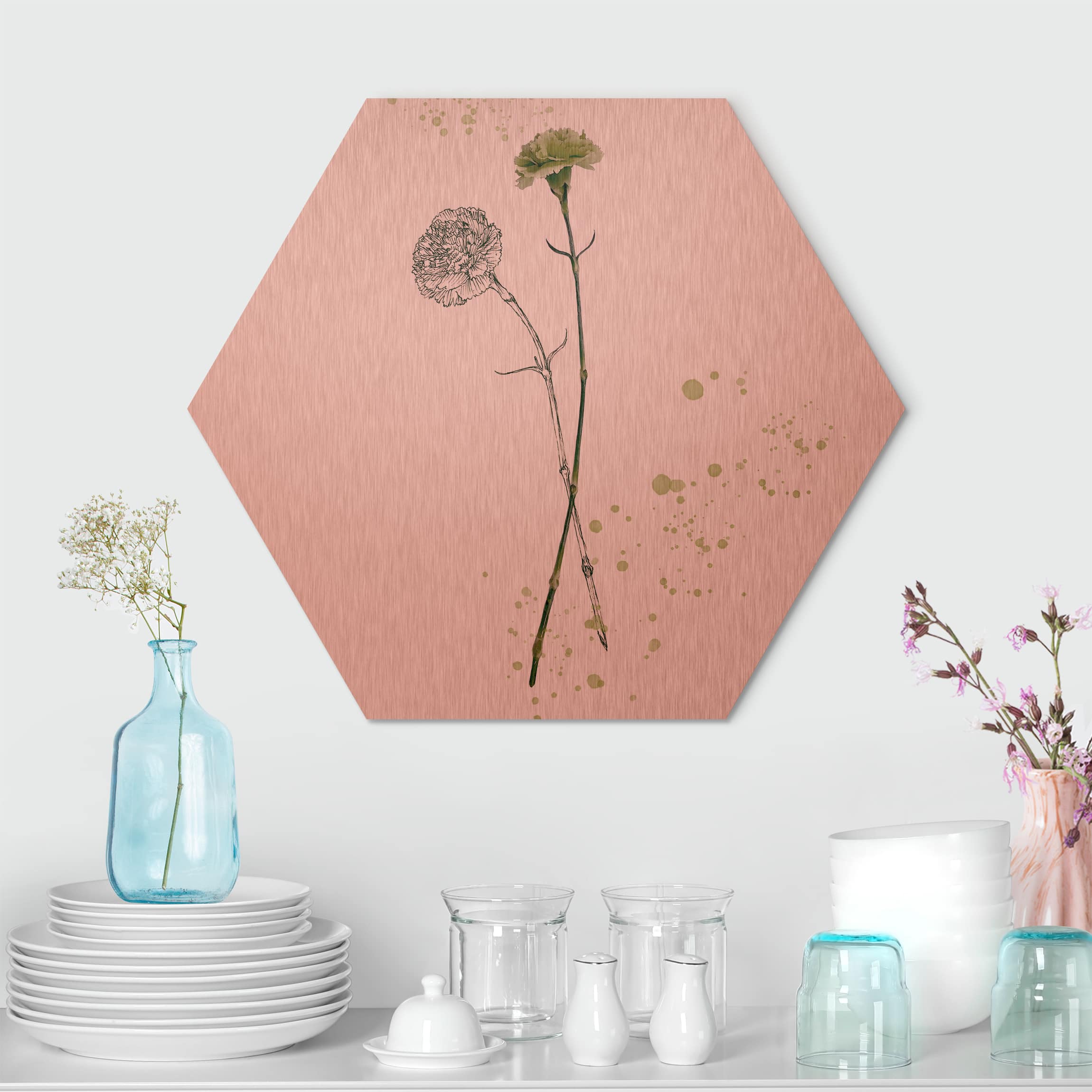 Hexagon-Alu-Dibond Bild Botanisches Aquarell - Nelke