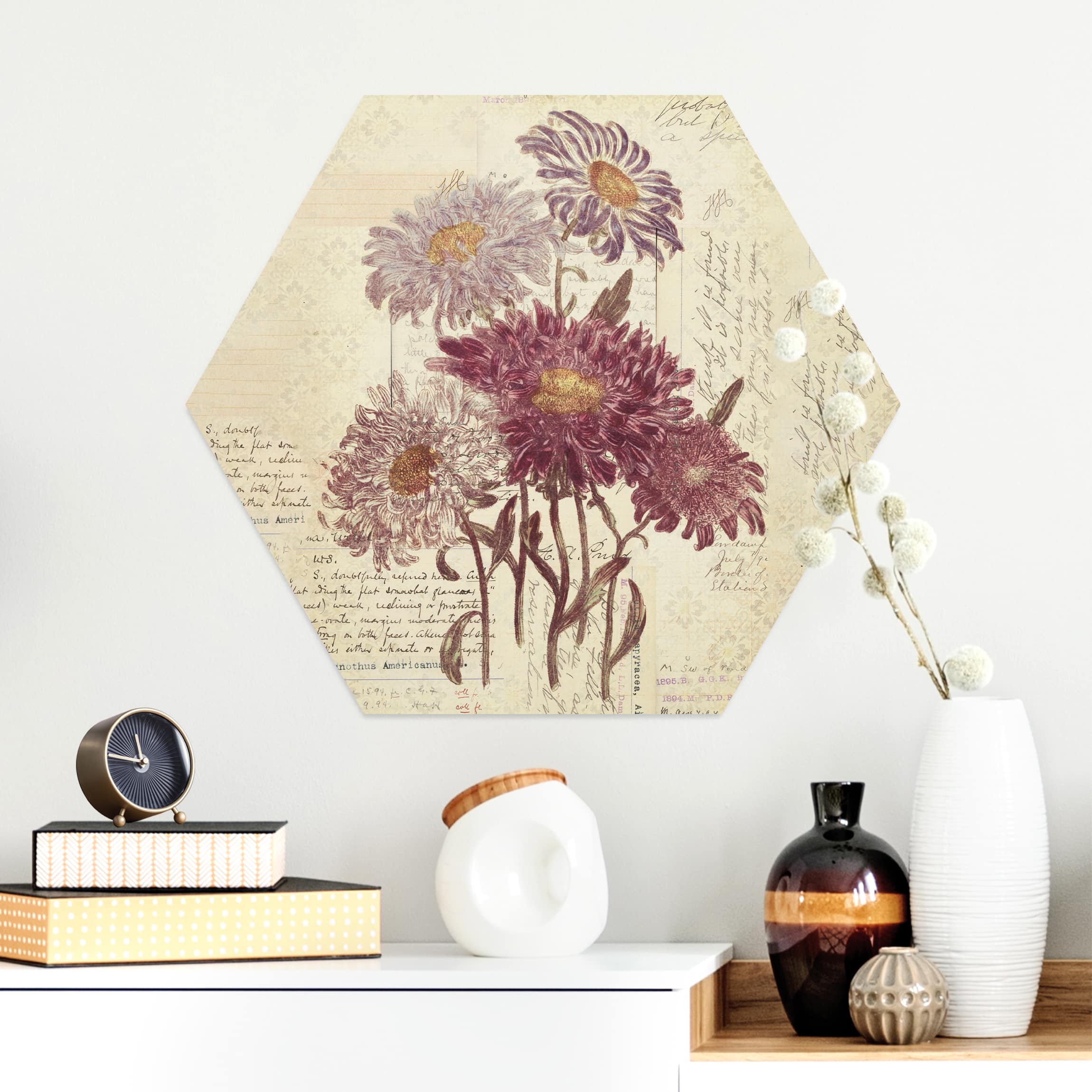 Hexagon-Alu-Dibond Bild Vintage Blumen mit Handschrift