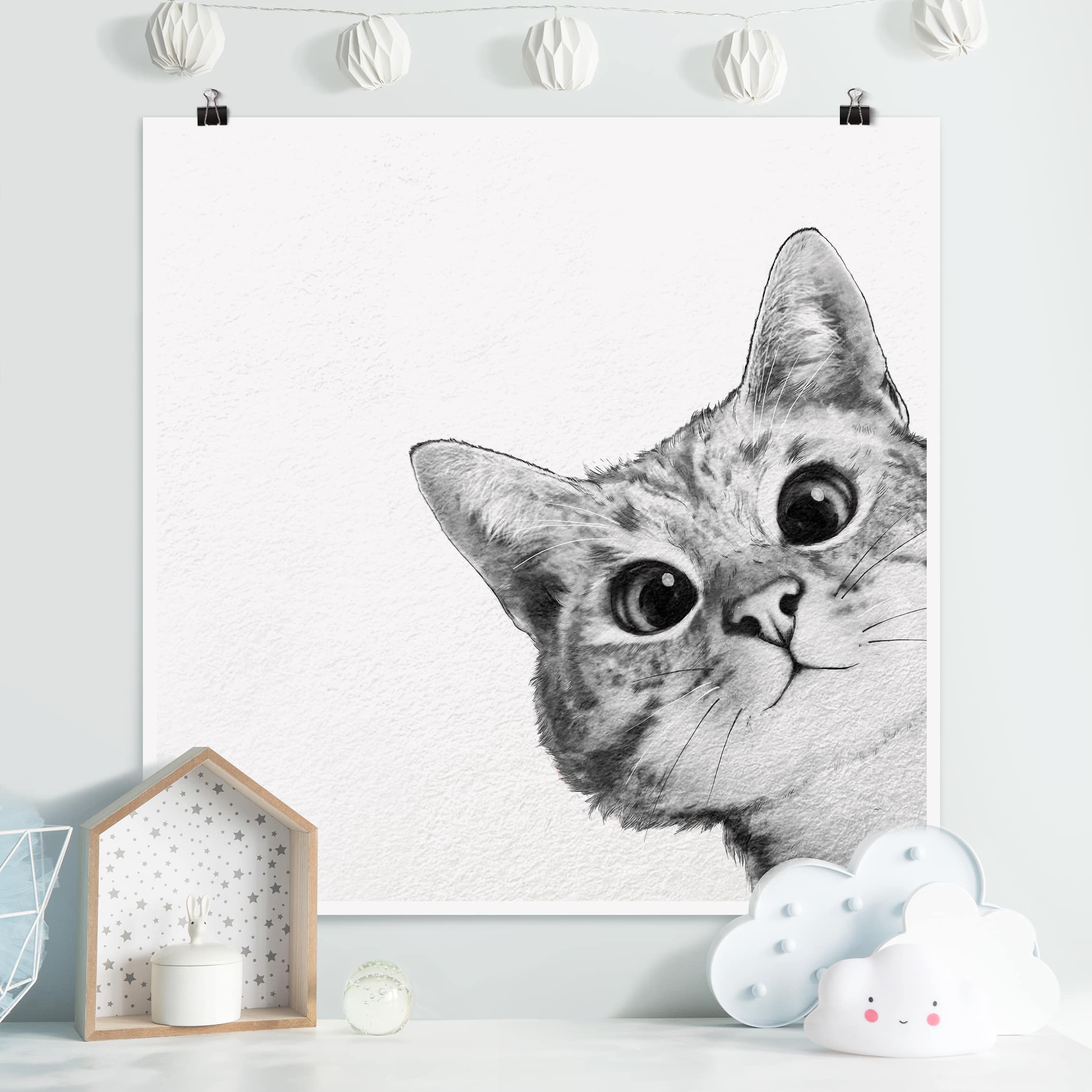 Poster - Quadrat Illustration Katze Zeichnung Schwarz Weiß
