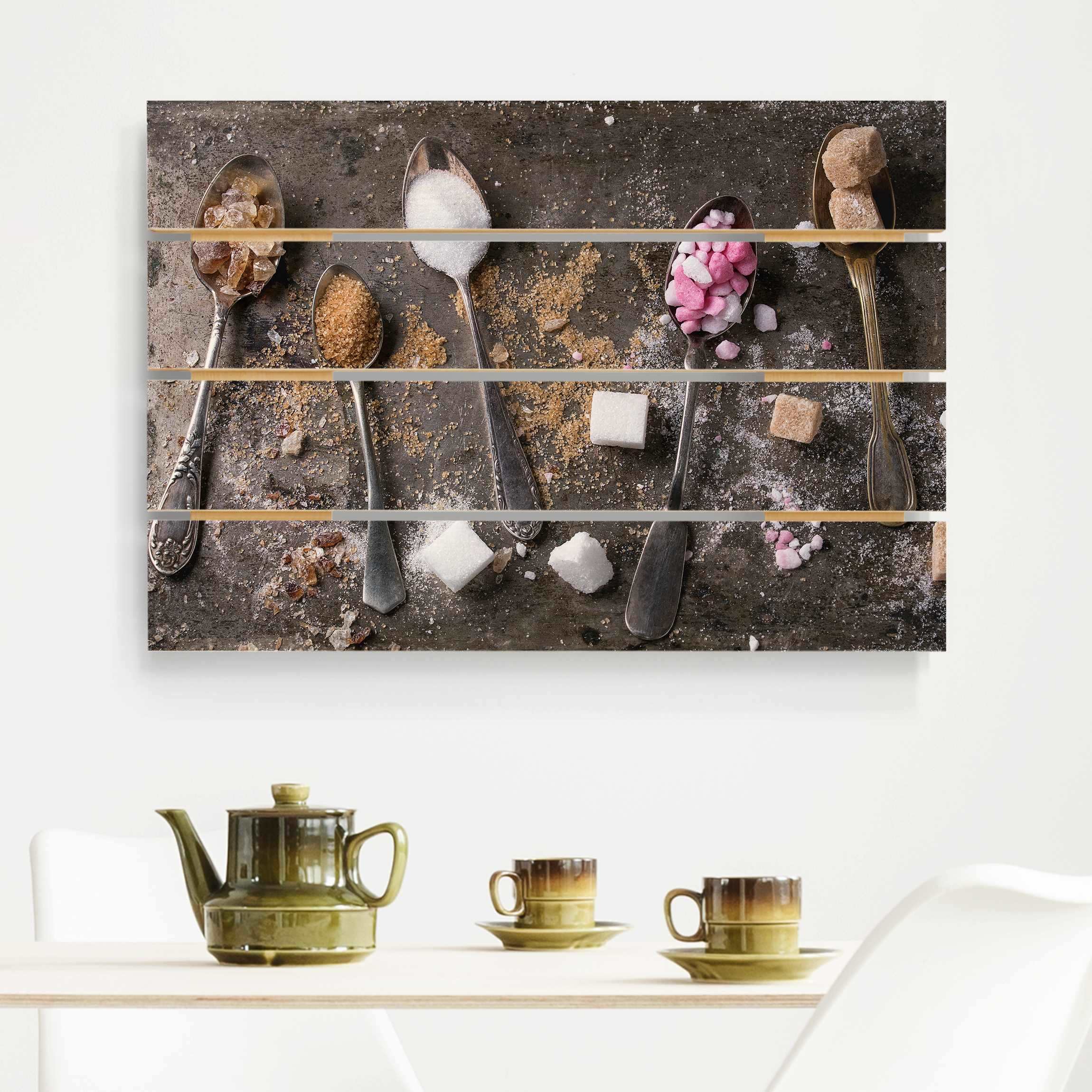 Holzbild Plankenoptik - Querformat Vintage Löffel mit Zucker