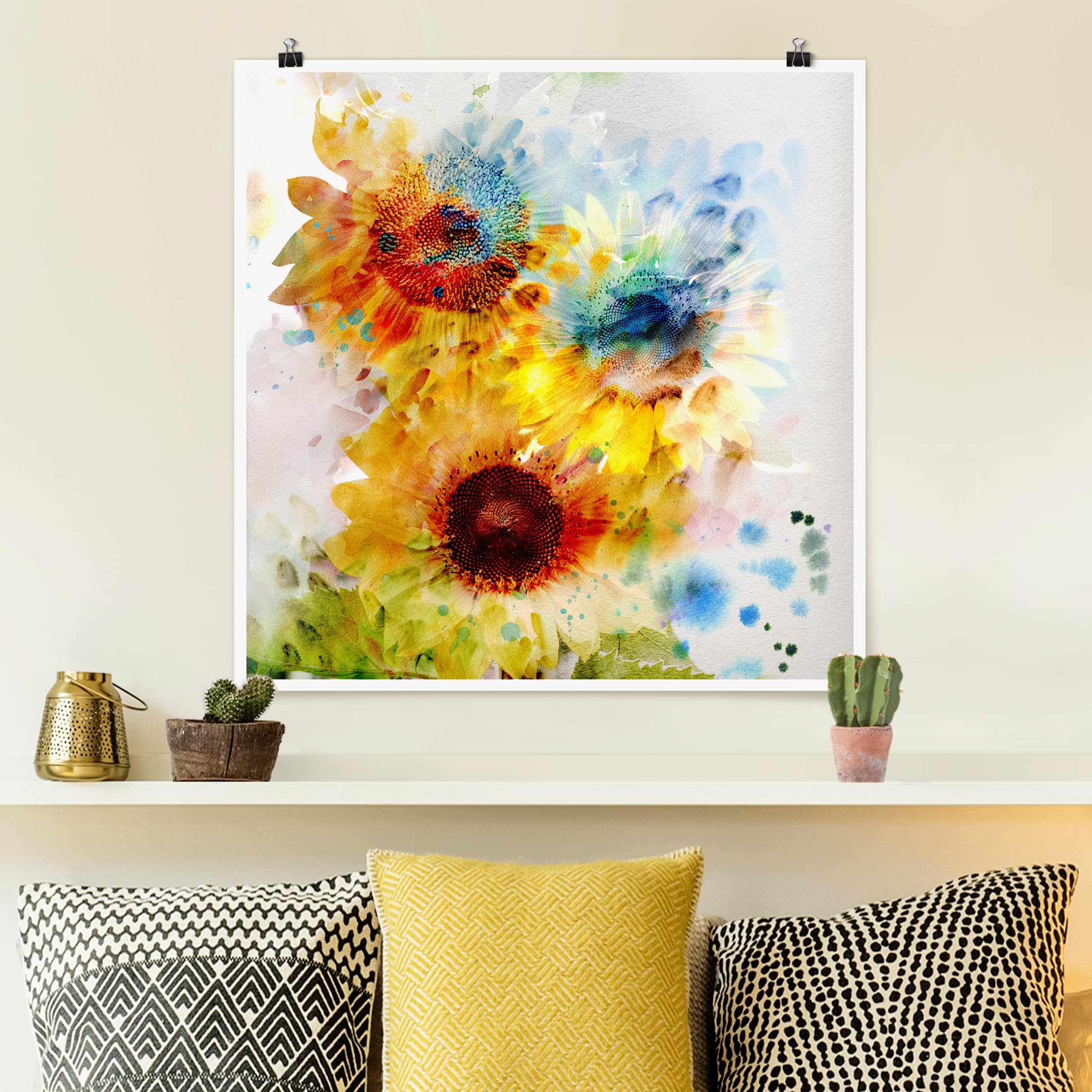 Poster - Quadrat Aquarell Blumen Sonnenblumen