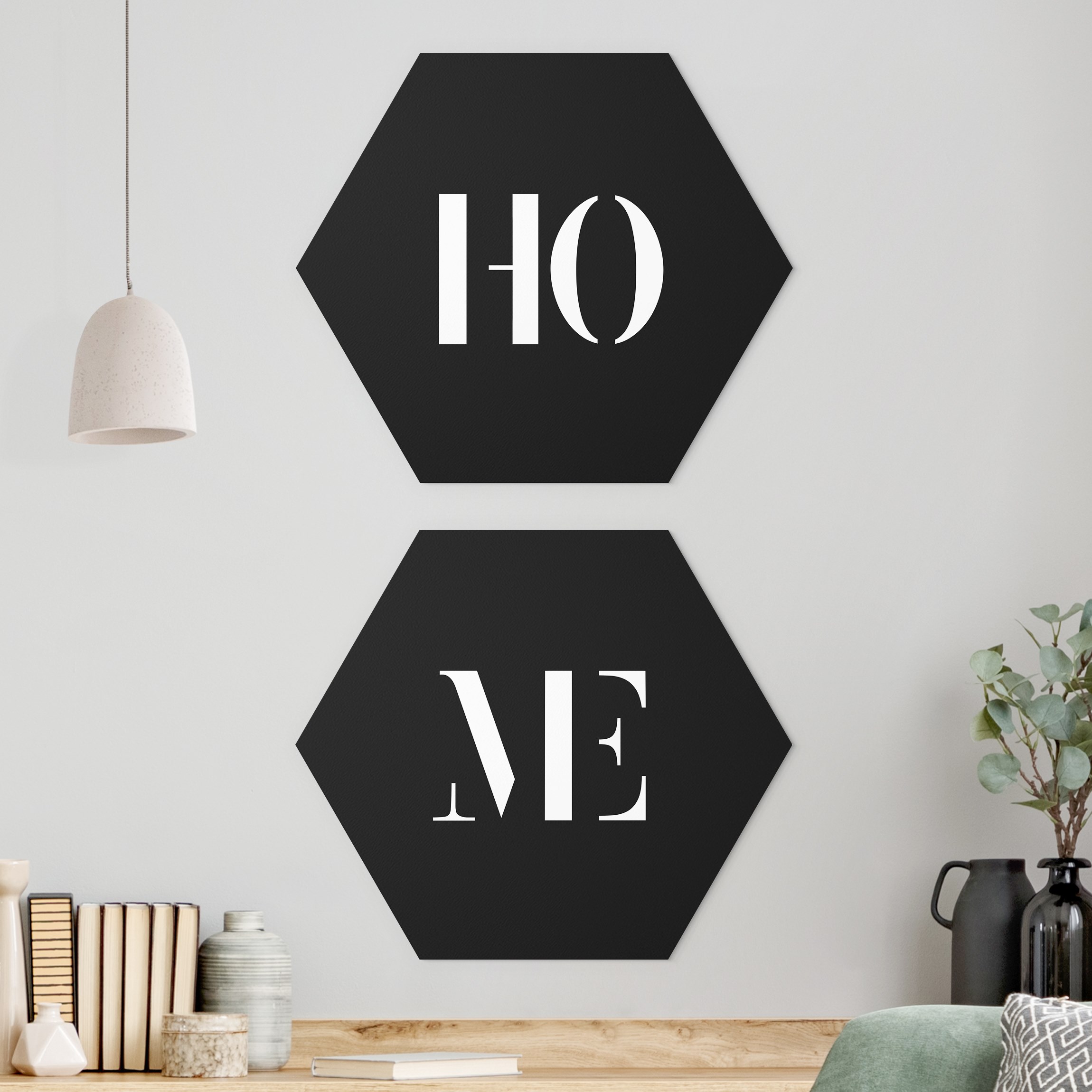 2-teiliges Hexagon-Alu-Dibond Bild Buchstaben HOME Weiß Set I