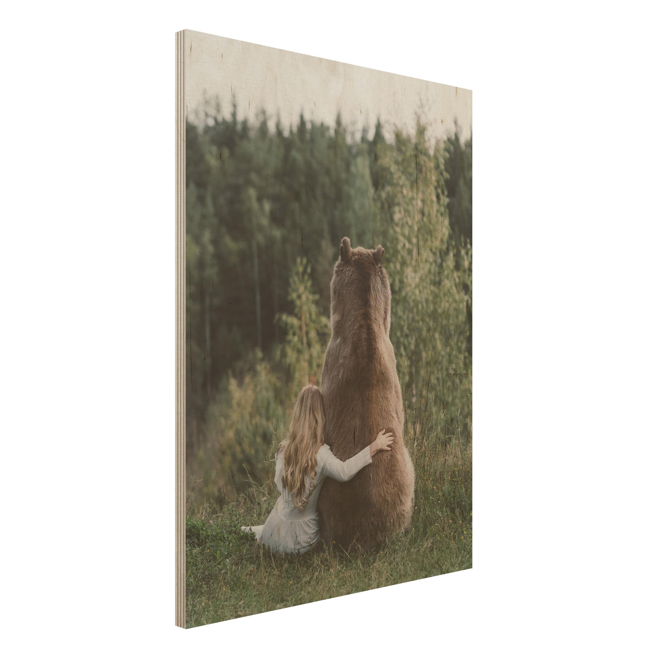 Holzbild - Hochformat 3:4 Mädchen mit Braunbär